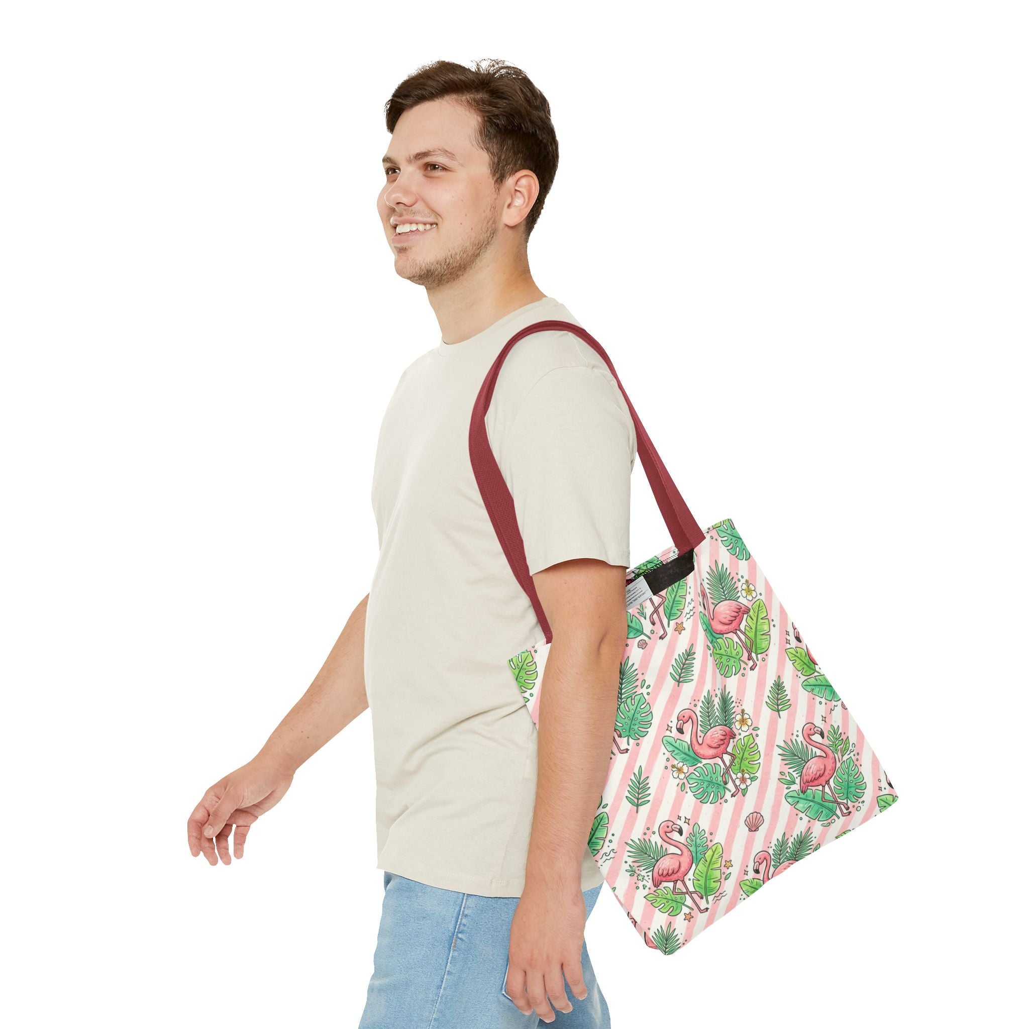 Pink Flamingo Pattern Tote Bag | Tropical Leaves Striped All-Over Print