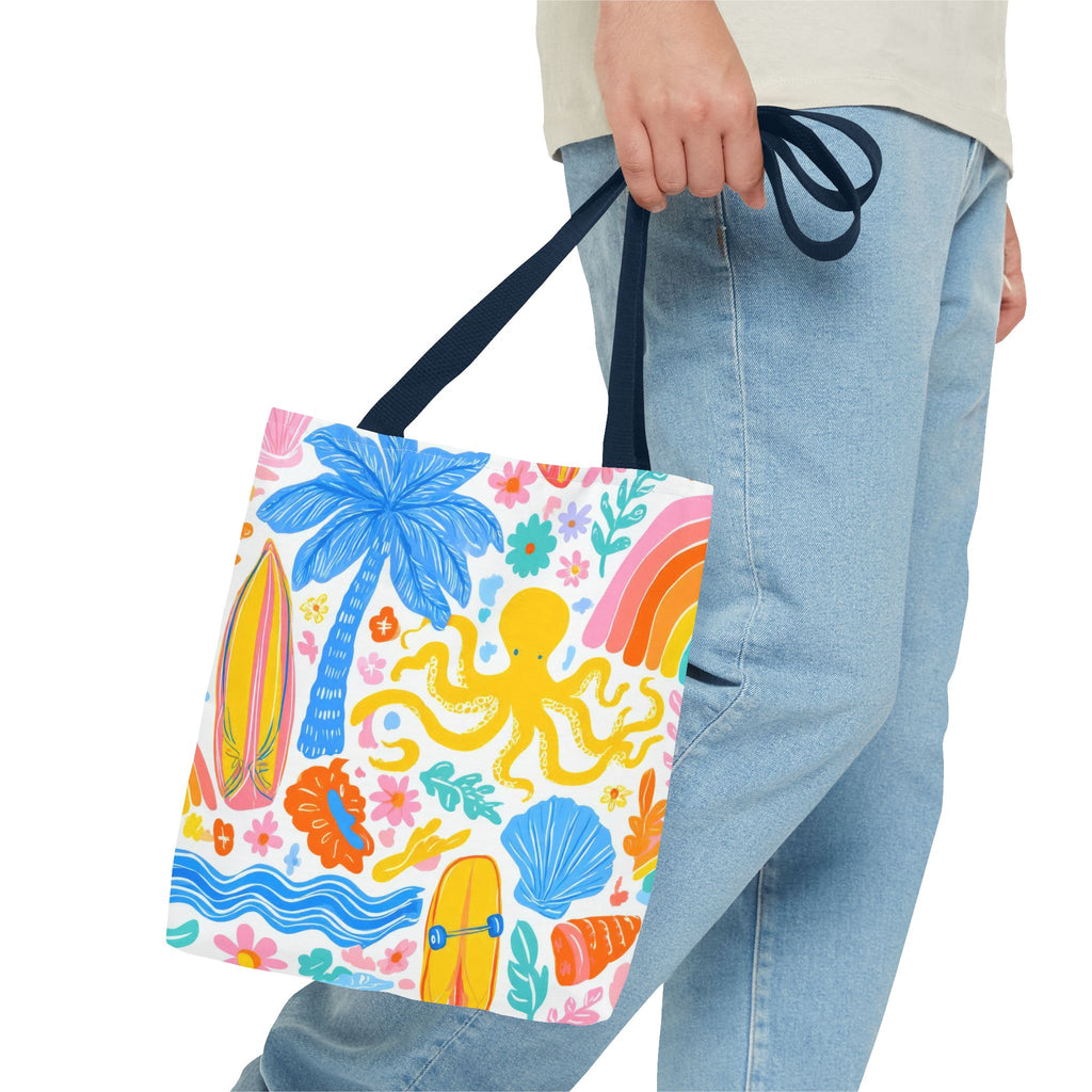 Colorful Beach Octopus Tote Bag | Tropical Palm, Surfboard, Rainbow Print