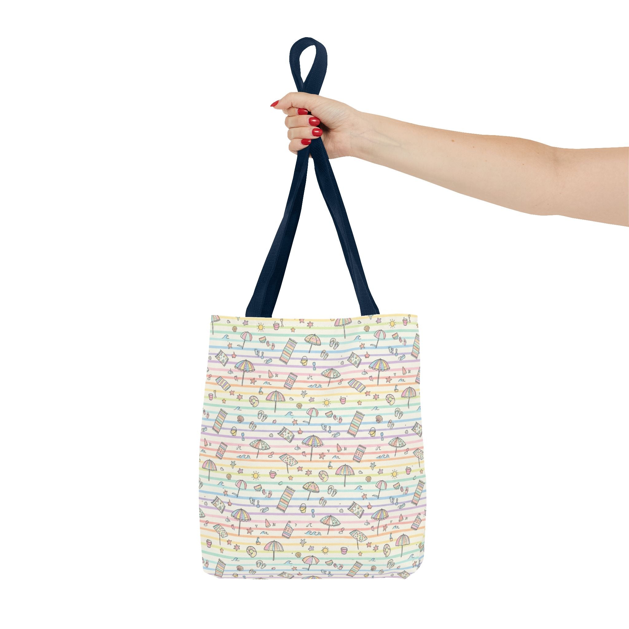 Pastel Beach Pattern Tote Bag | Seashells, Umbrellas, Flip Flops