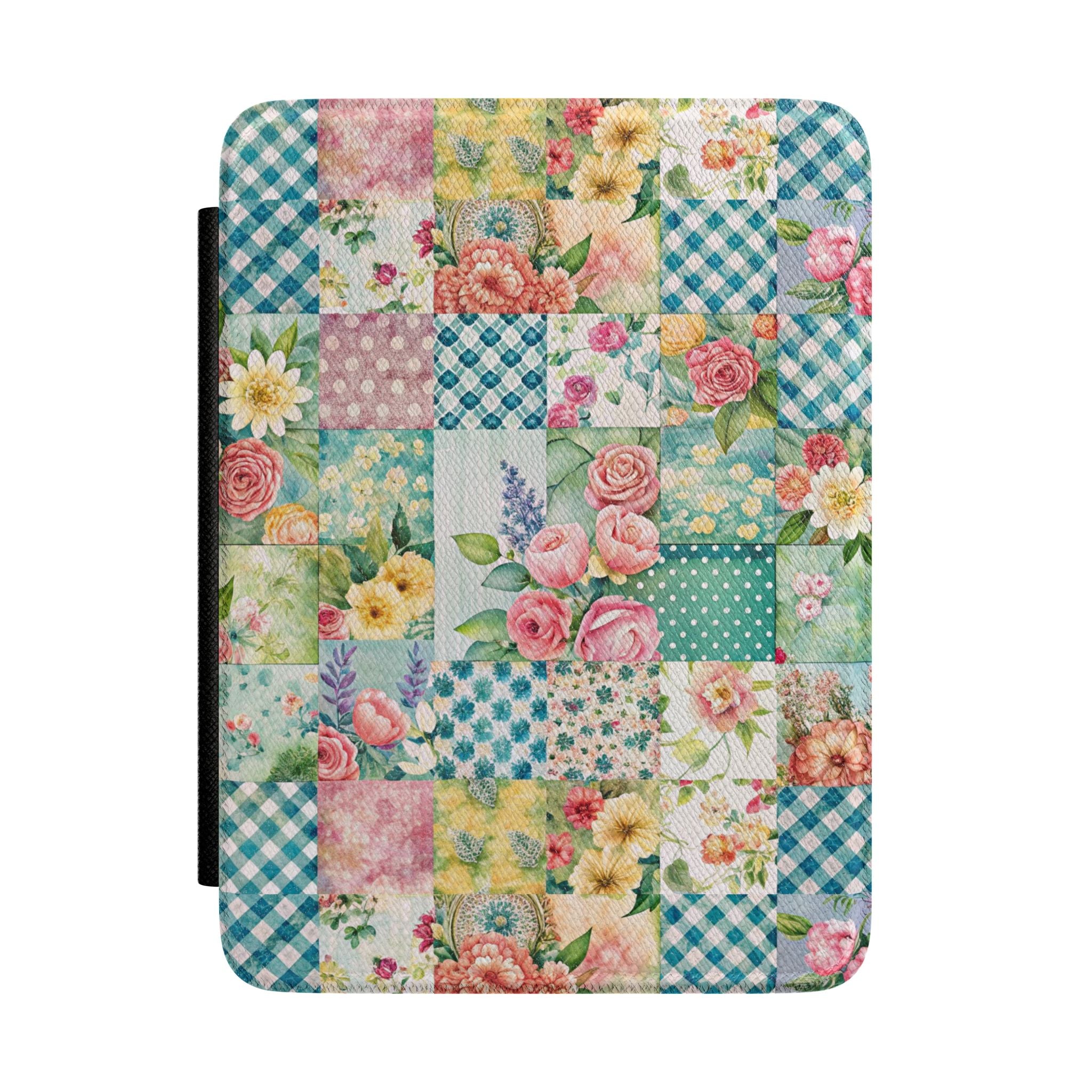 Floral Patchwork Kindle Case | Vintage Roses Gingham Pattern