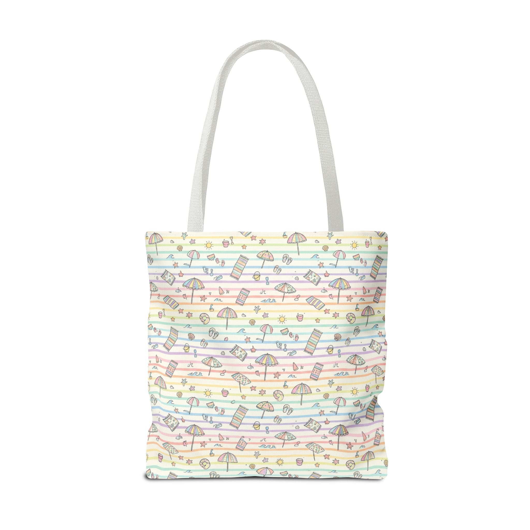 Pastel Beach Pattern Tote Bag | Seashells, Umbrellas, Flip Flops