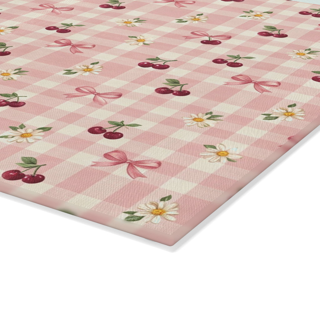 Cherry Bow Plaid Glass Cutting Board | Pink Floral Cherry Pattern