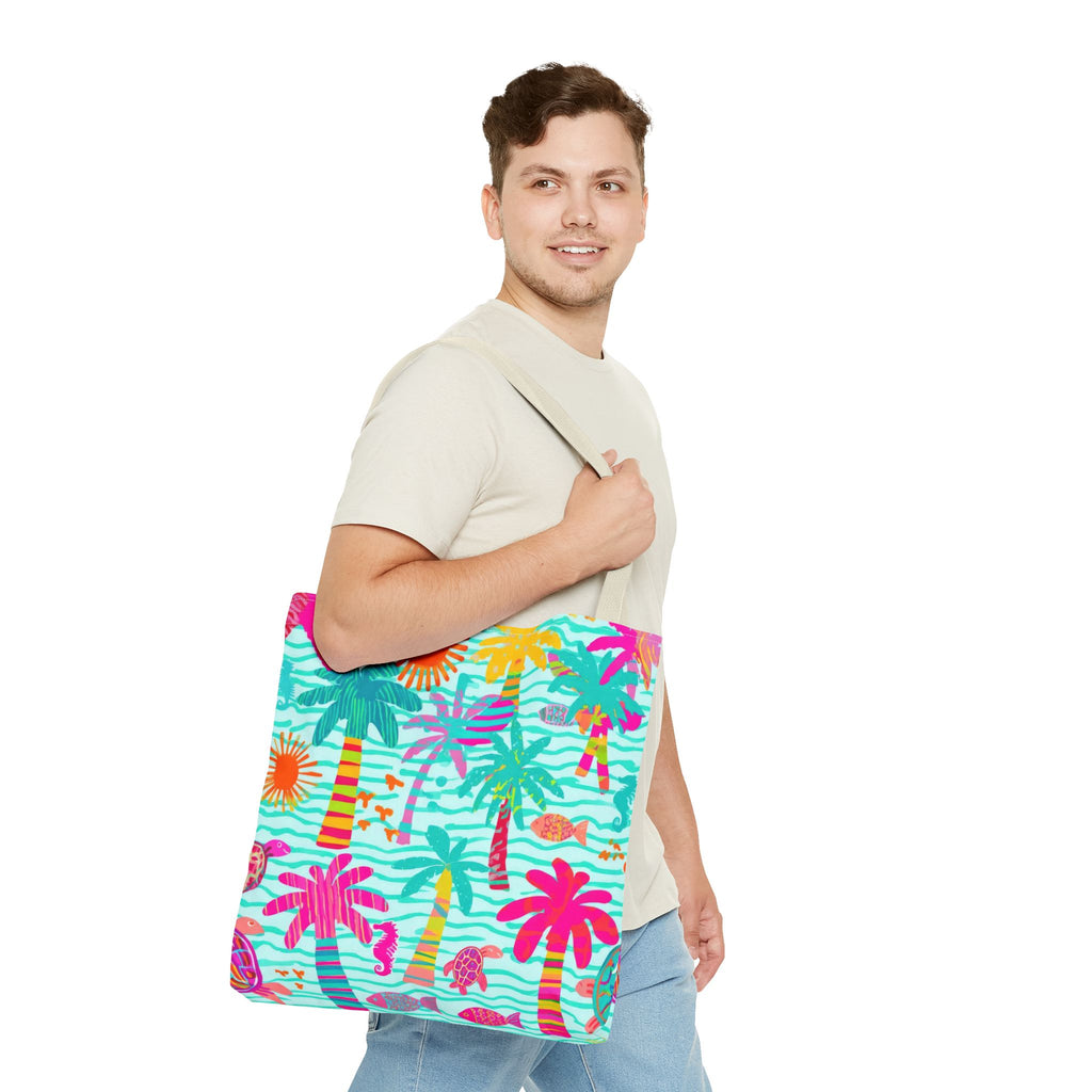 Tropical Palm Pattern Tote Bag | Colorful Beach Palms Stripe All-Over Print