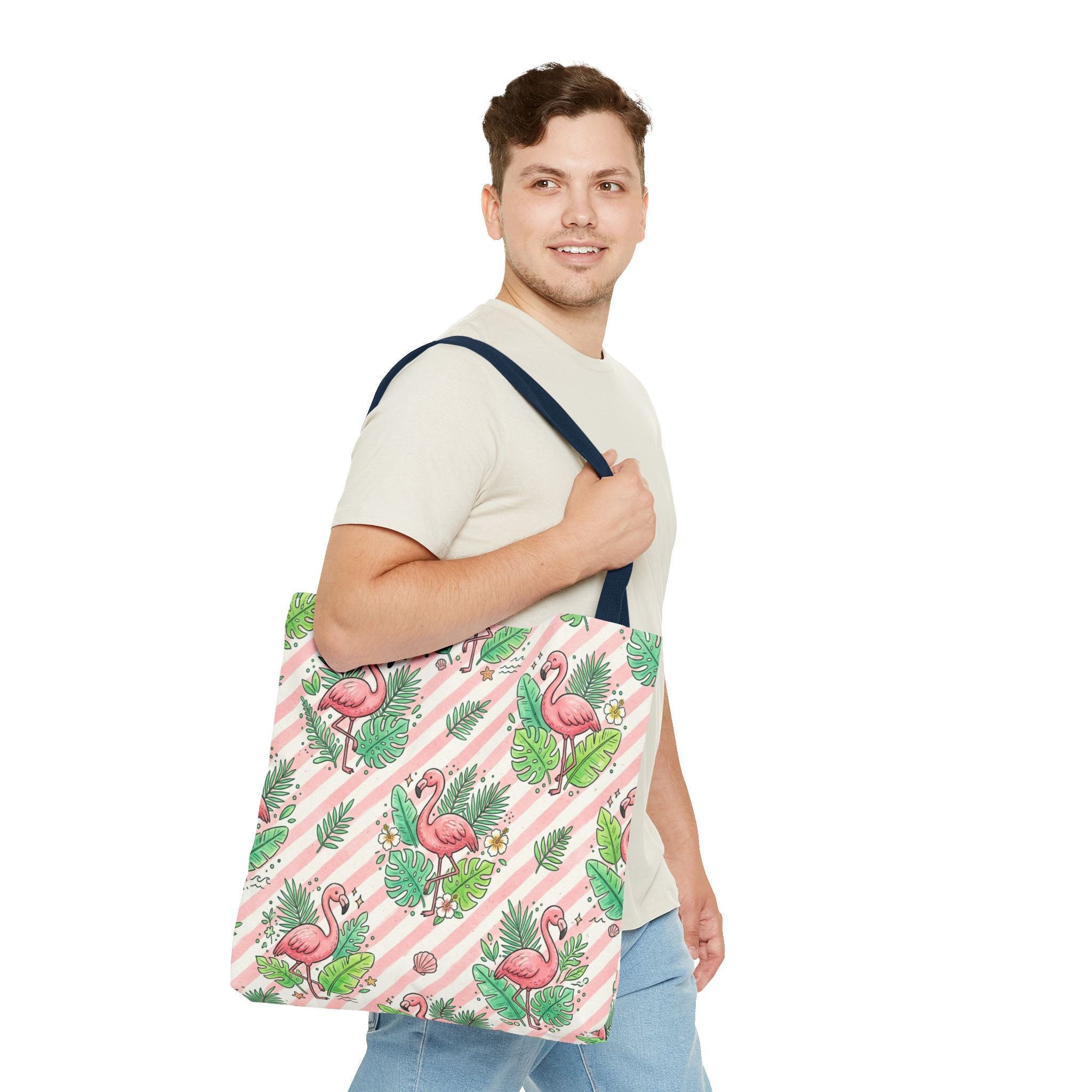 Pink Flamingo Pattern Tote Bag | Tropical Leaves Striped All-Over Print
