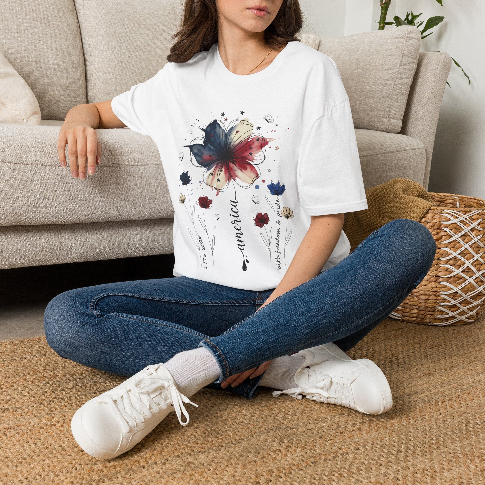 July 4th Shirt | Patriotic Watercolor Flower T-Shirt | Red White Blue Floral Tee