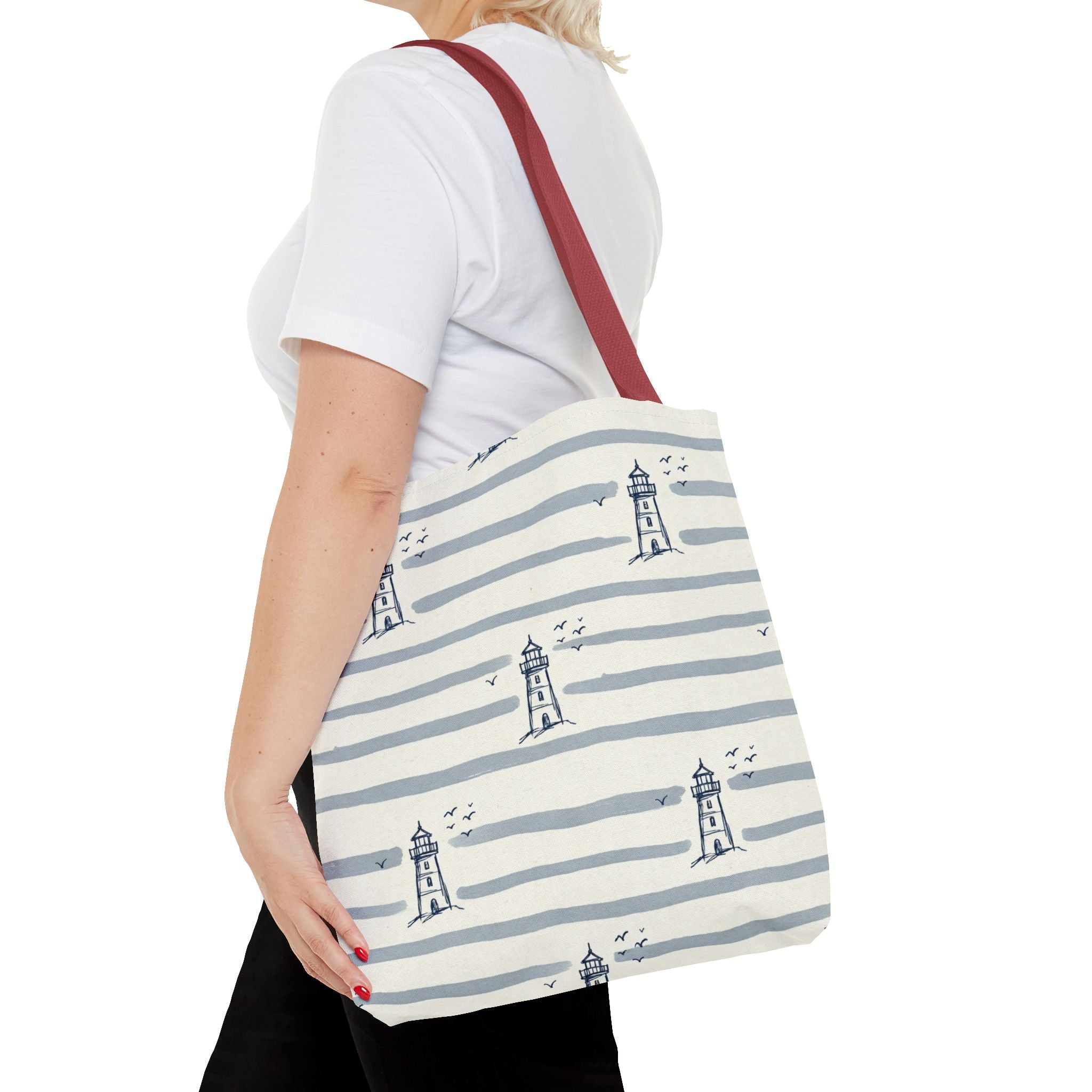Nautical Lighthouse Pattern Tote Bag | Striped Coastal Beach Tote