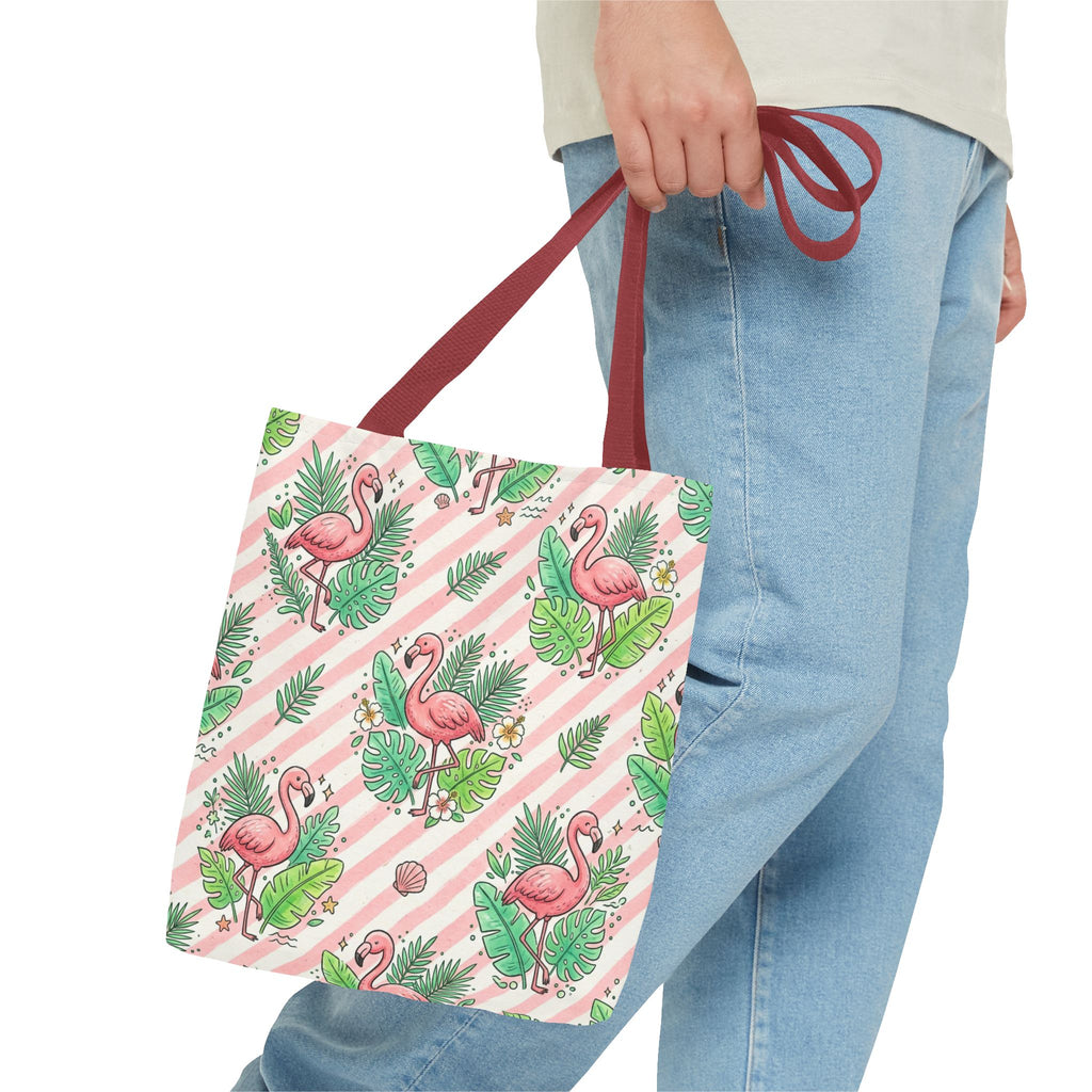 Pink Flamingo Pattern Tote Bag | Tropical Leaves Striped All-Over Print