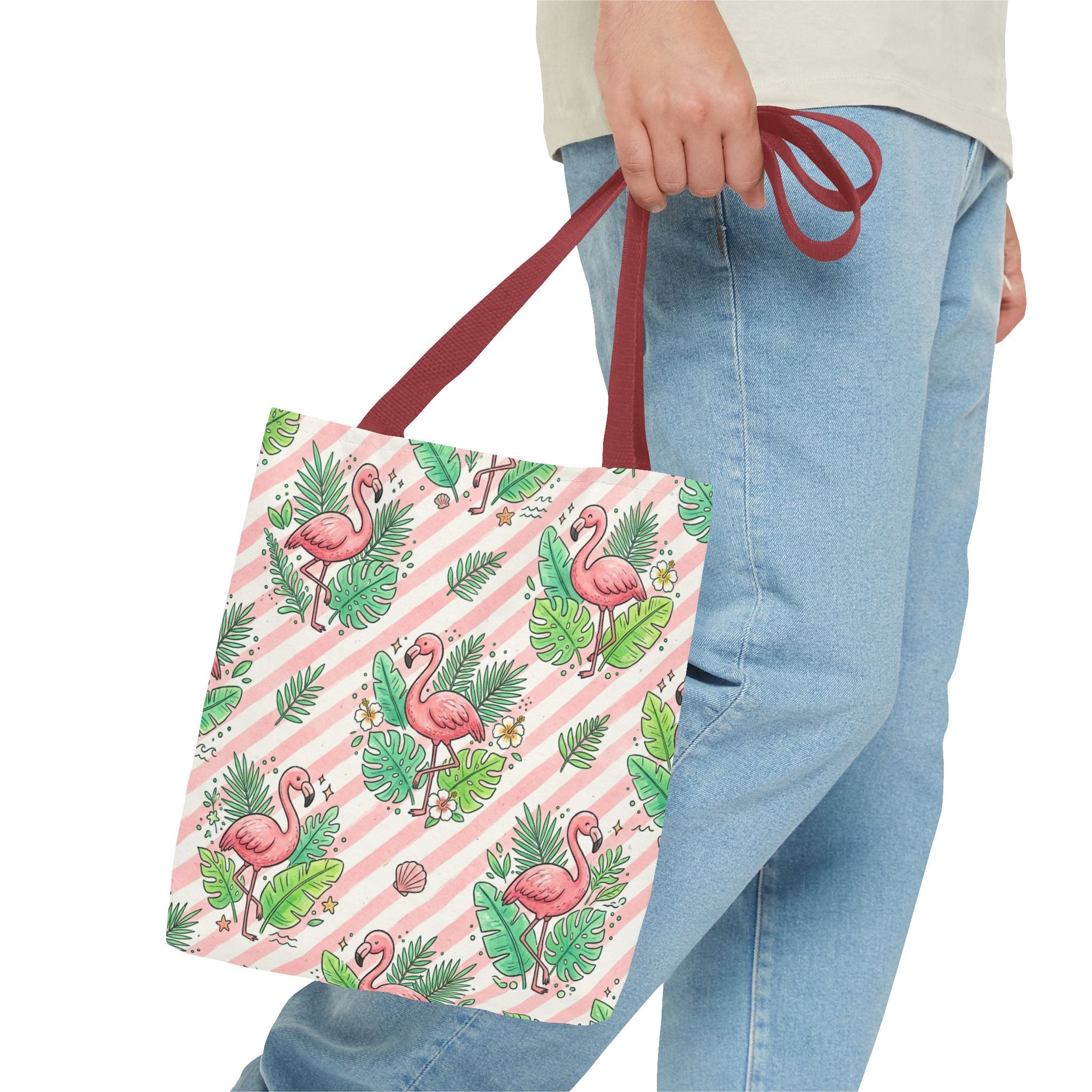 Pink Flamingo Pattern Tote Bag | Tropical Leaves Striped All-Over Print