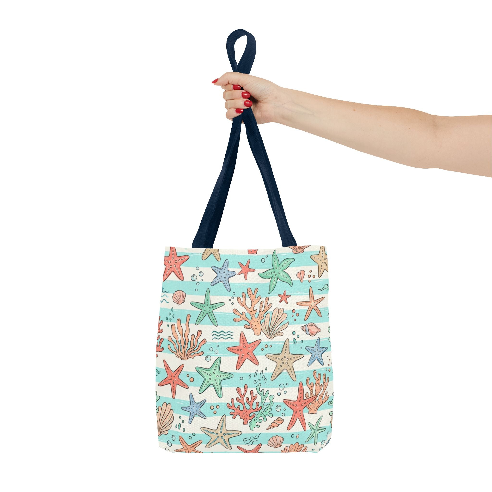Starfish Coral Pattern Tote Bag | Beach Sea Life Striped Nautical Design