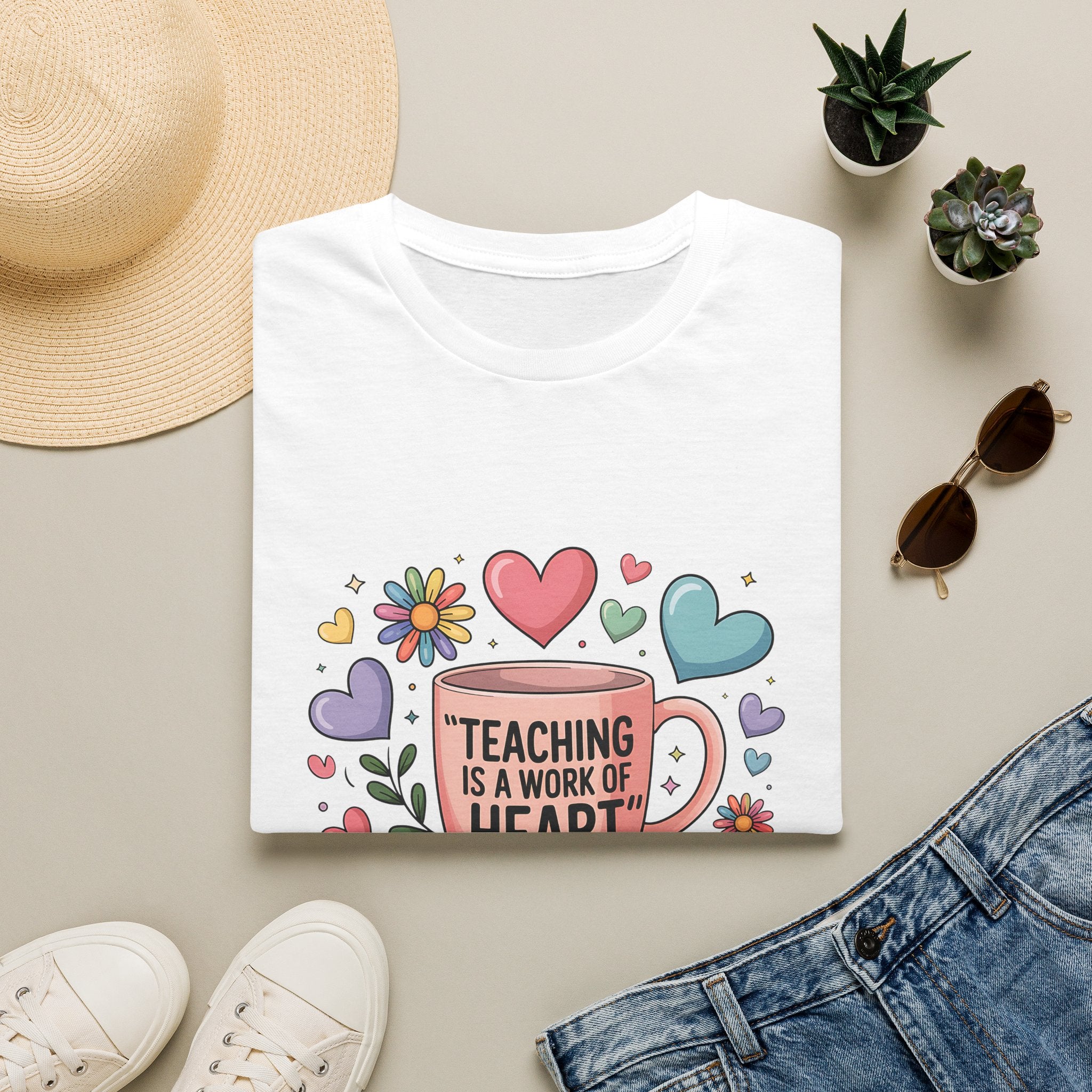 Teaching Is a Work of Heart T-Shirt | Teacher Mug and Books Design