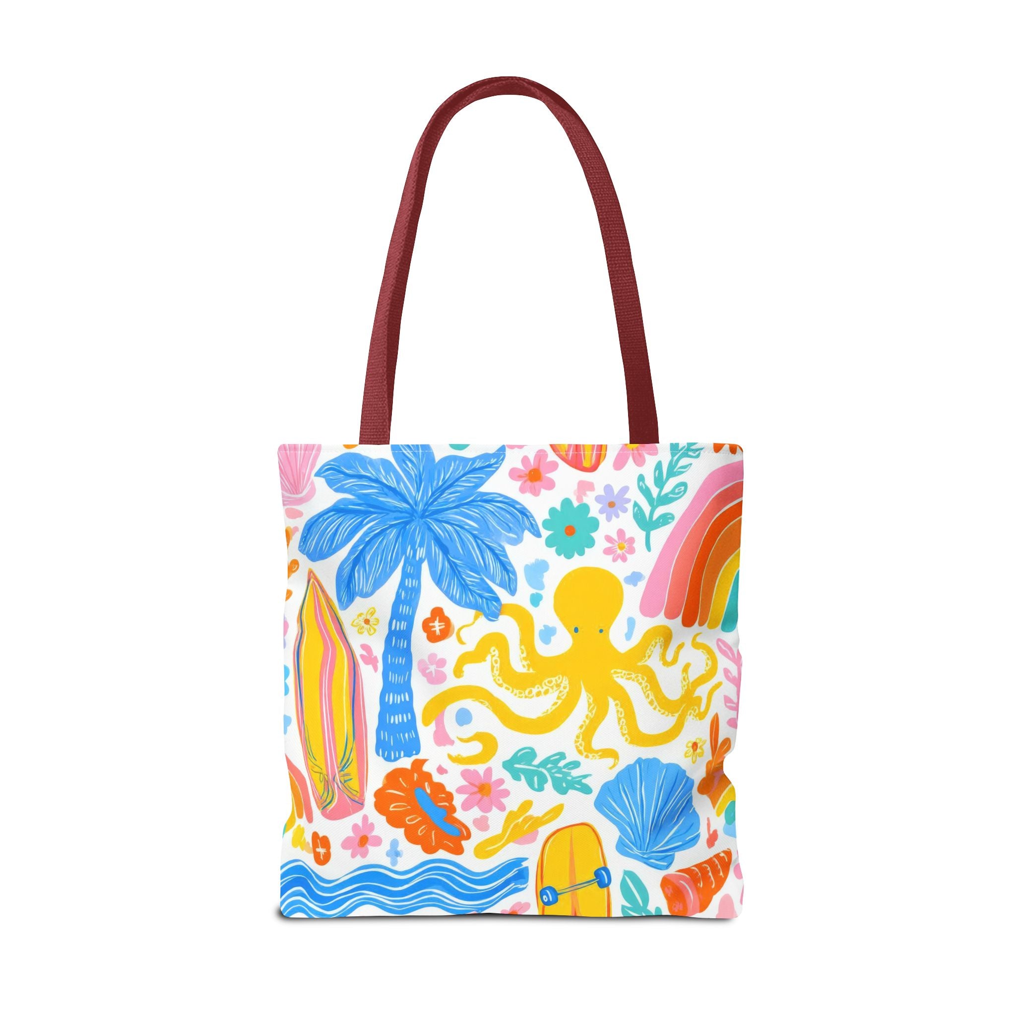Colorful Beach Octopus Tote Bag | Tropical Palm, Surfboard, Rainbow Print