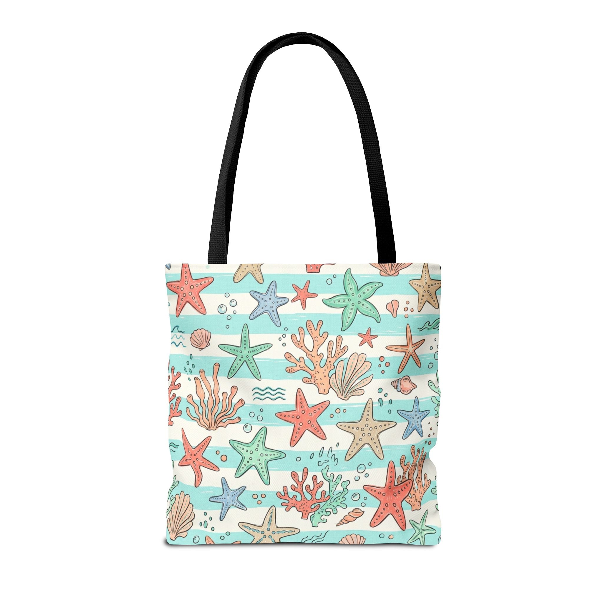 Starfish Coral Pattern Tote Bag | Beach Sea Life Striped Nautical Design