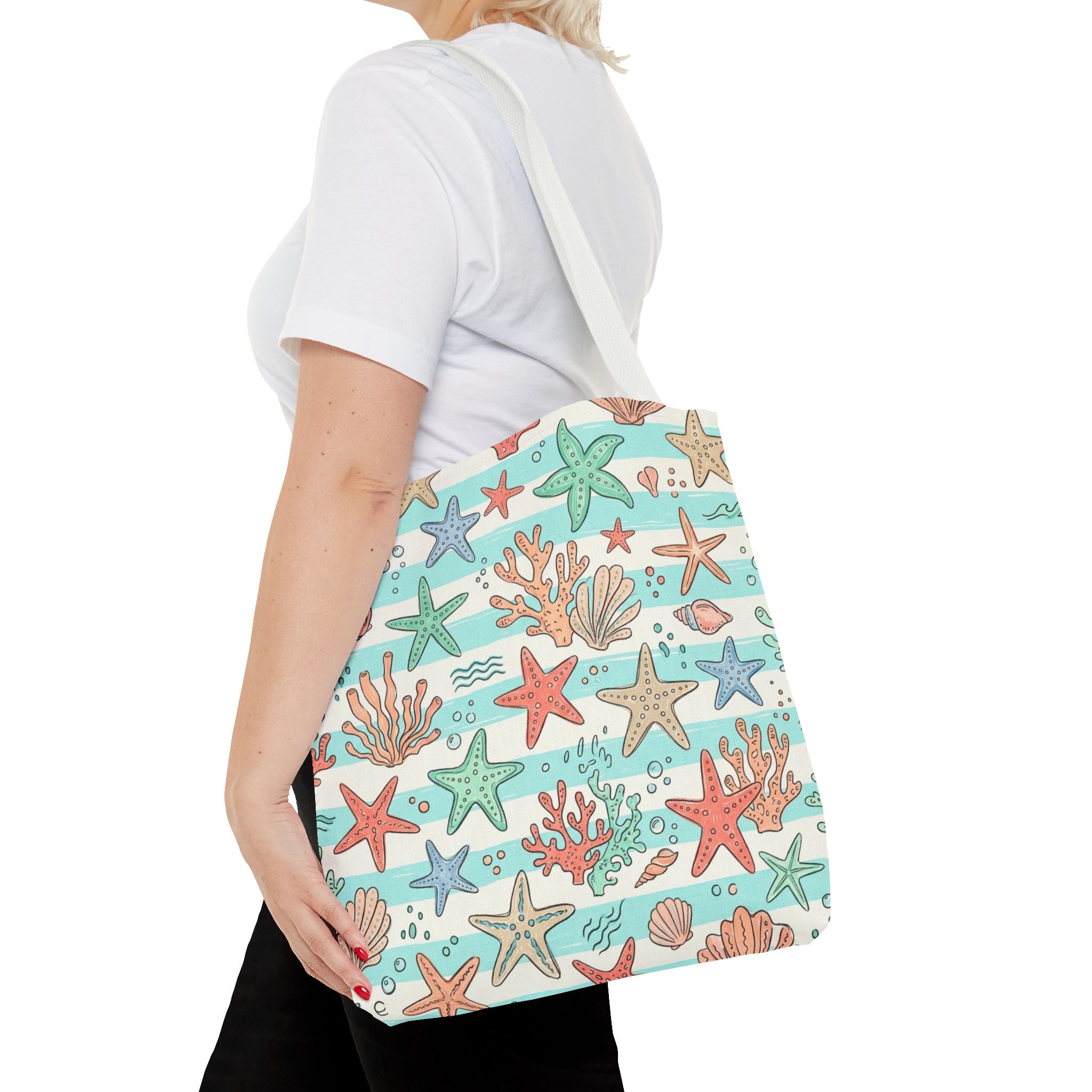 Starfish Coral Pattern Tote Bag | Beach Sea Life Striped Nautical Design