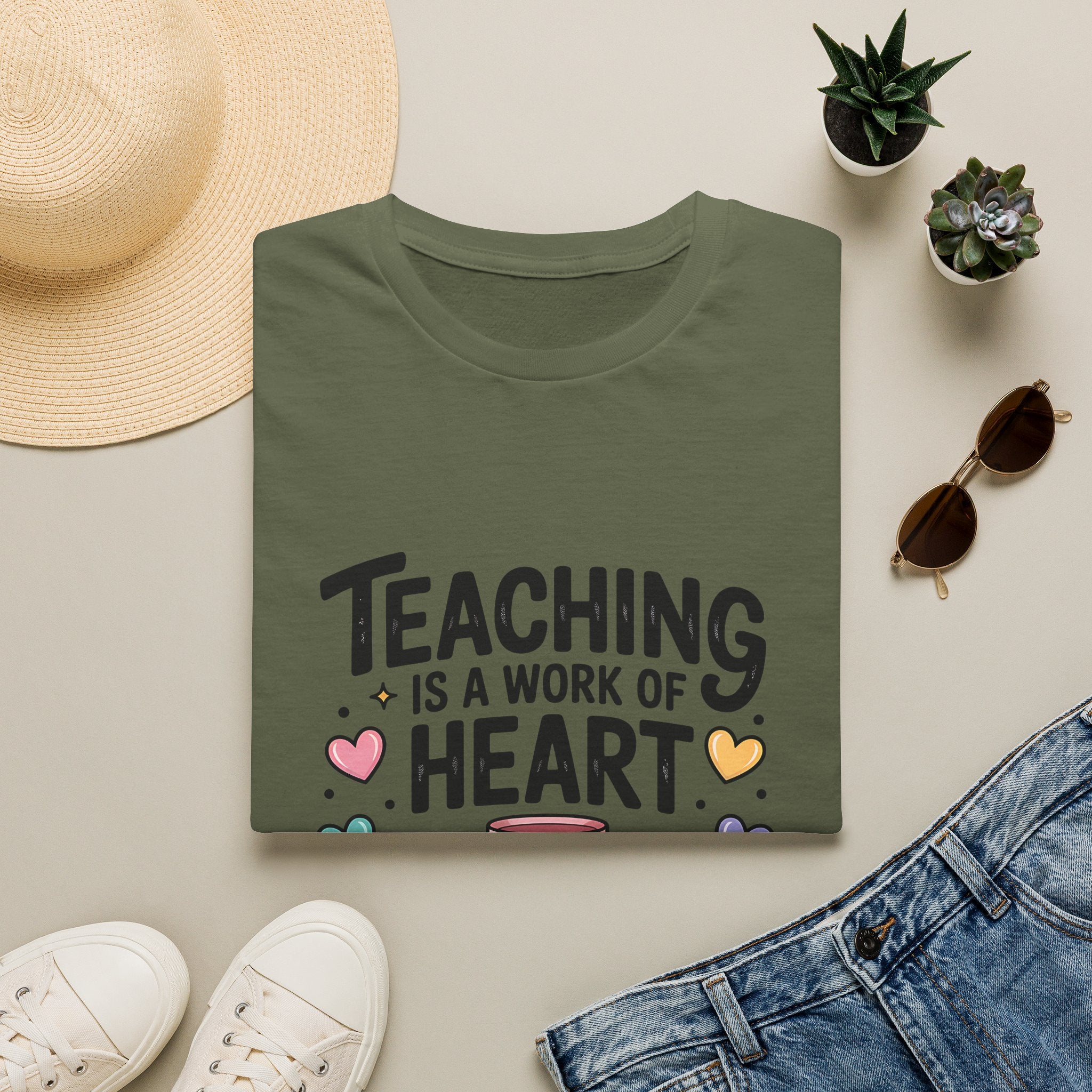 Teaching Is A Work Of Heart T-Shirt | Teacher Mug and Books Illustration
