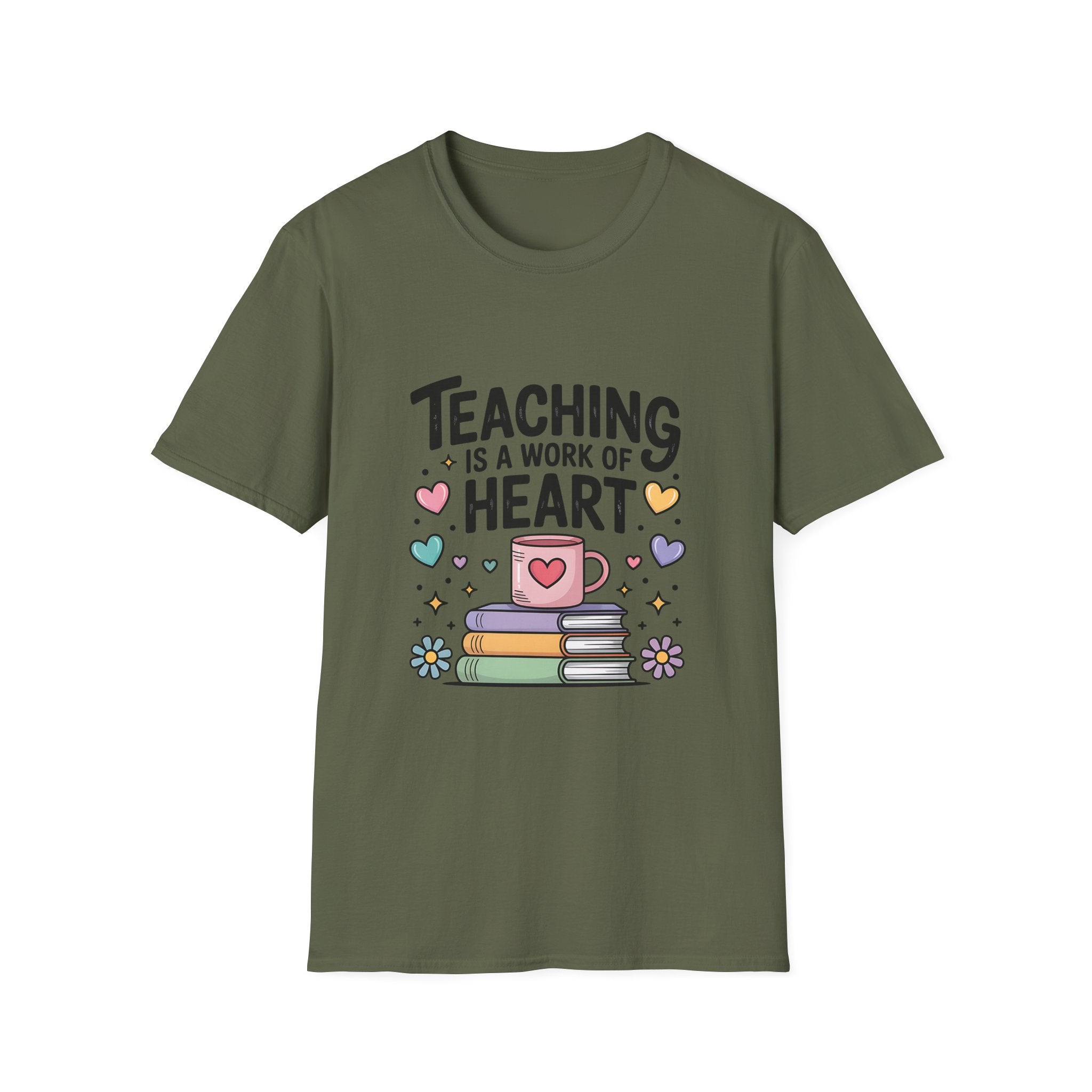 Teaching Is A Work Of Heart T-Shirt | Teacher Mug and Books Illustration