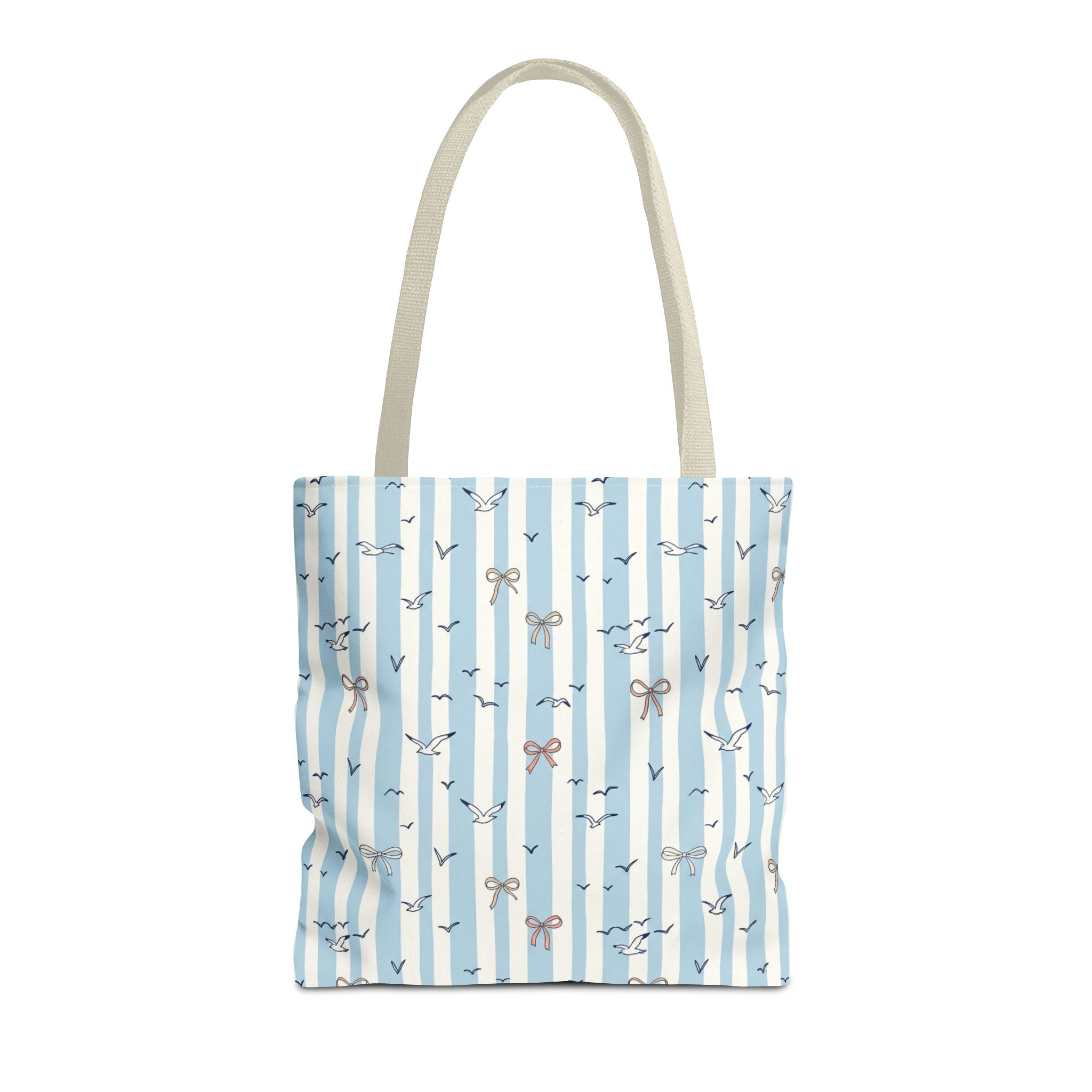 Blue Striped Bows and Birds Tote Bag