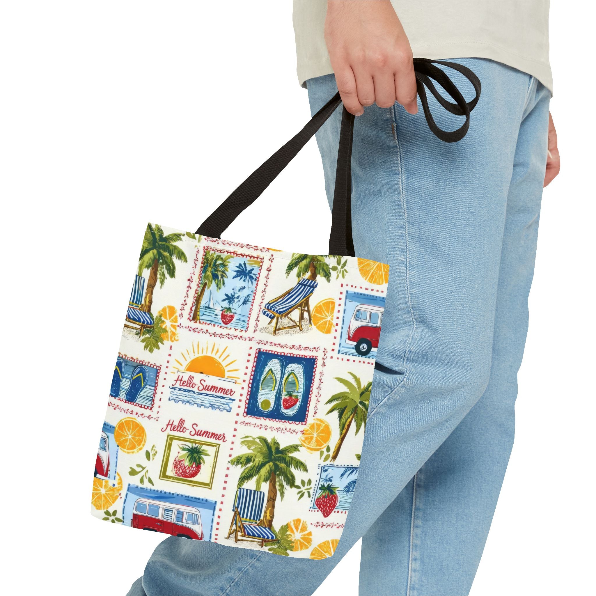 Hello Summer collage Tote Bag | beach palm trees flip flops camper van
