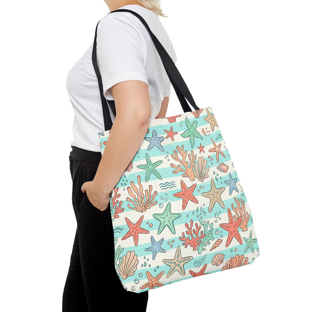 Starfish Coral Pattern Tote Bag | Beach Sea Life Striped Nautical Design