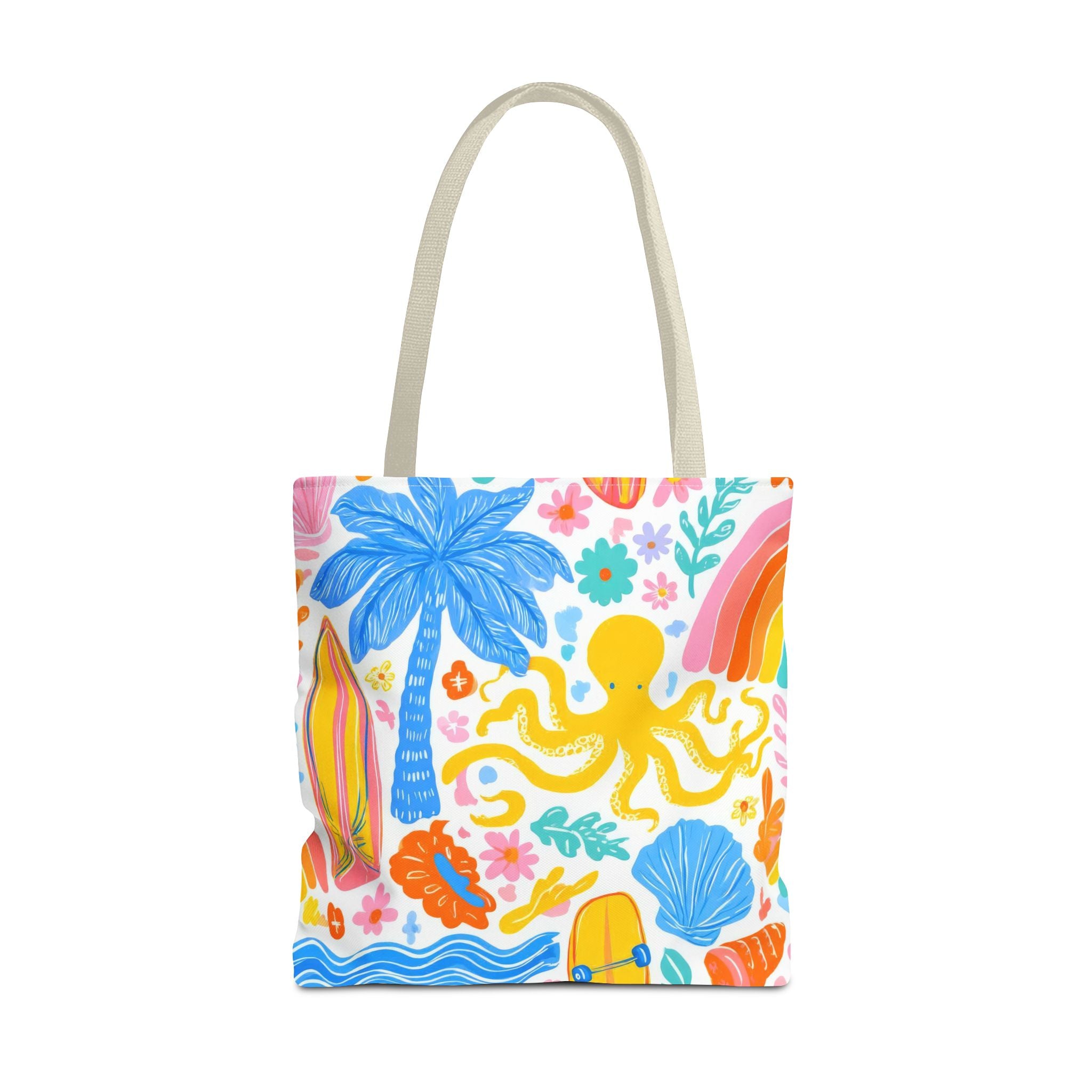 Colorful Beach Octopus Tote Bag | Tropical Palm, Surfboard, Rainbow Print