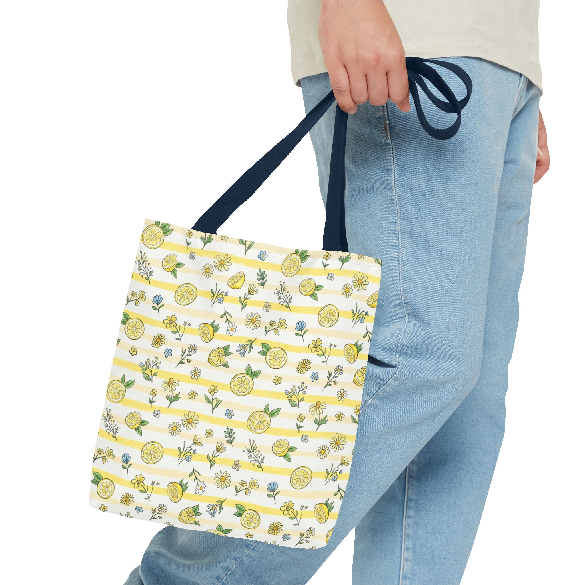 Lemon Stripe Pattern Tote Bag | Citrus Floral All-Over Print