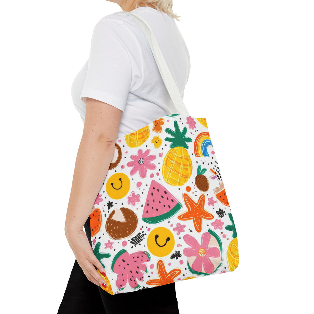 Tropical Fruit Pattern Tote Bag | Pineapple Watermelon Coconut Smiley