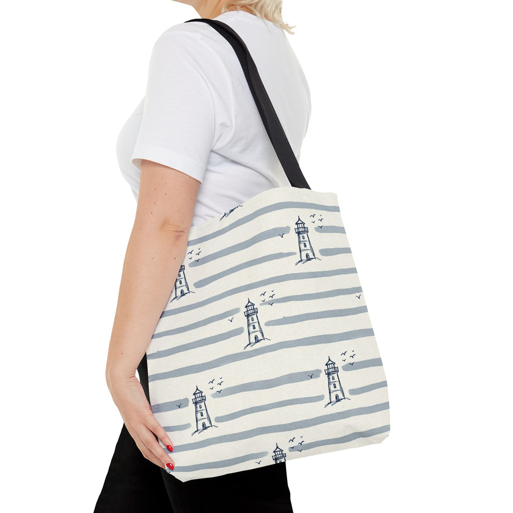 Nautical Lighthouse Pattern Tote Bag | Striped Coastal Beach Tote