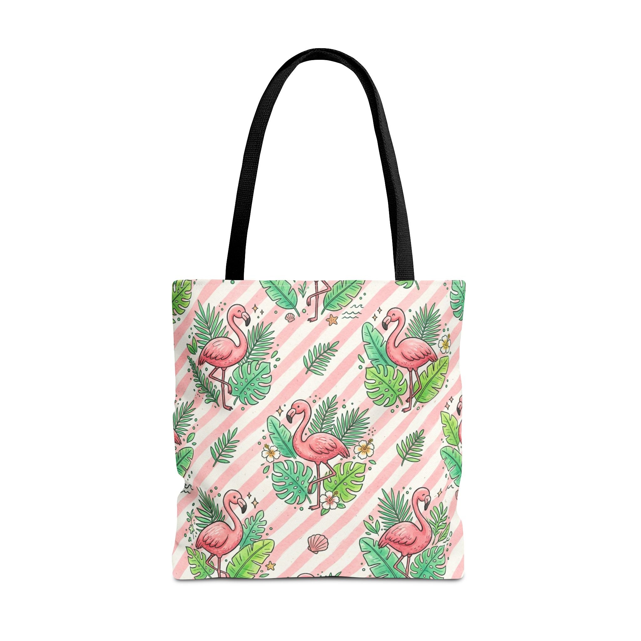 Pink Flamingo Pattern Tote Bag | Tropical Leaves Striped All-Over Print