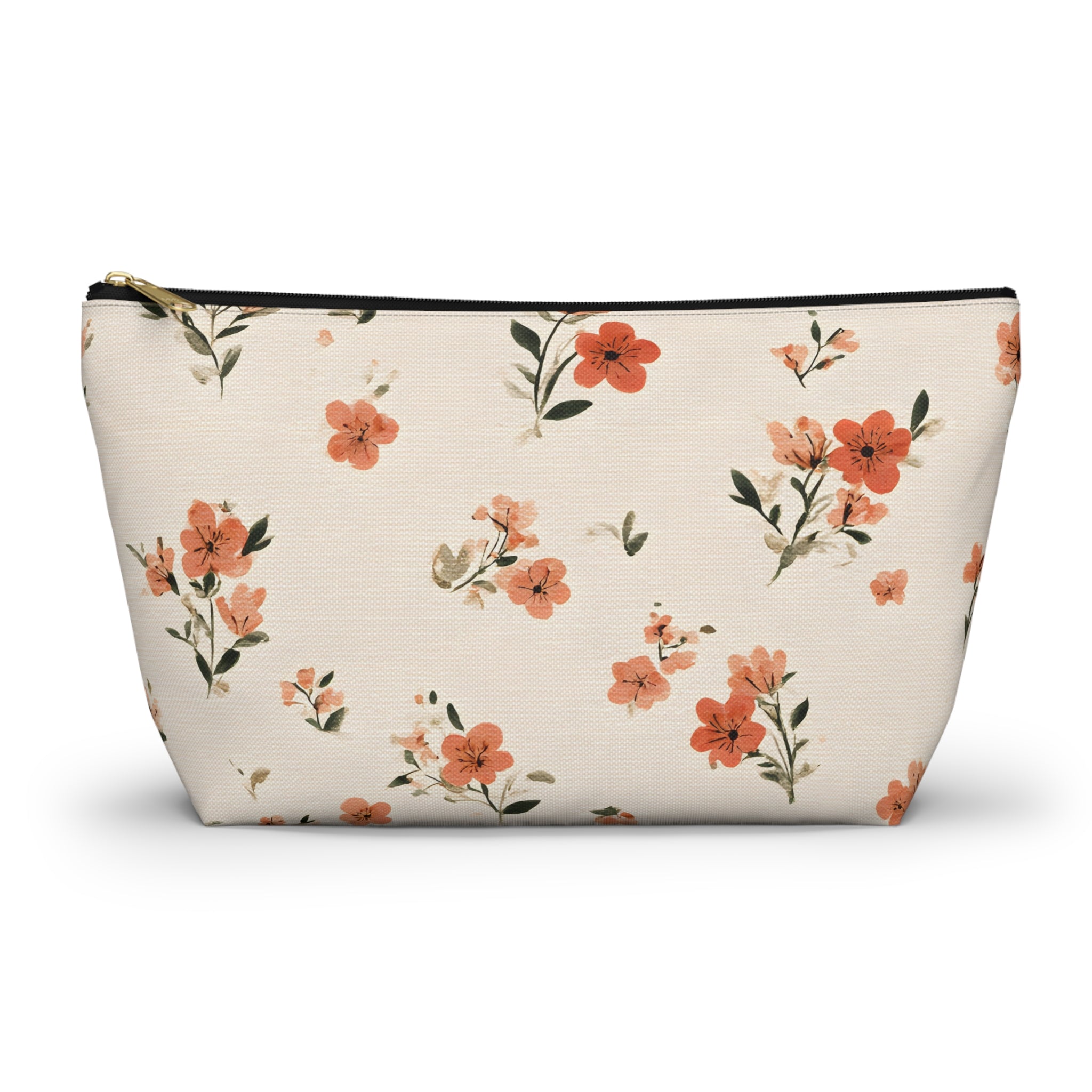 Peach Floral Print Accessory Pouch | T-Bottom Zipper Pouch