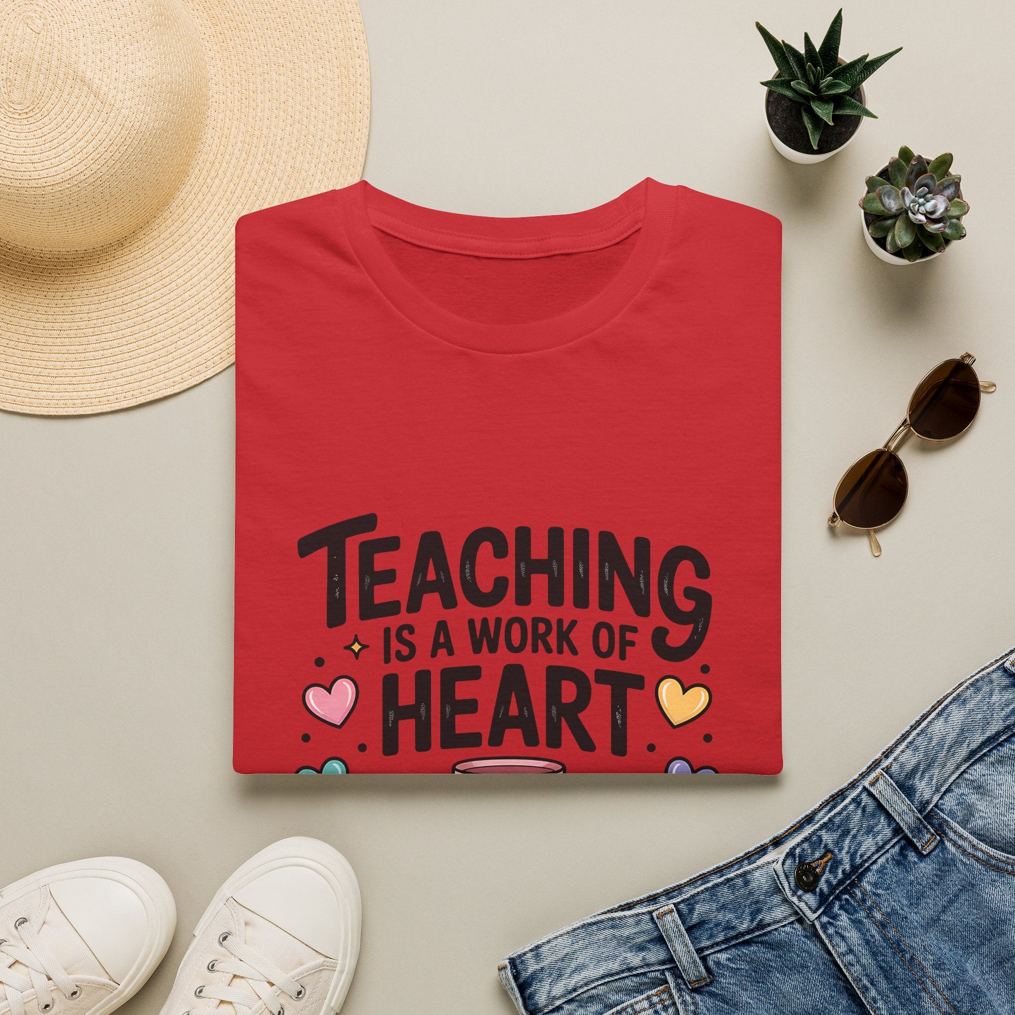 Teaching Is A Work Of Heart T-Shirt | Teacher Mug and Books Illustration