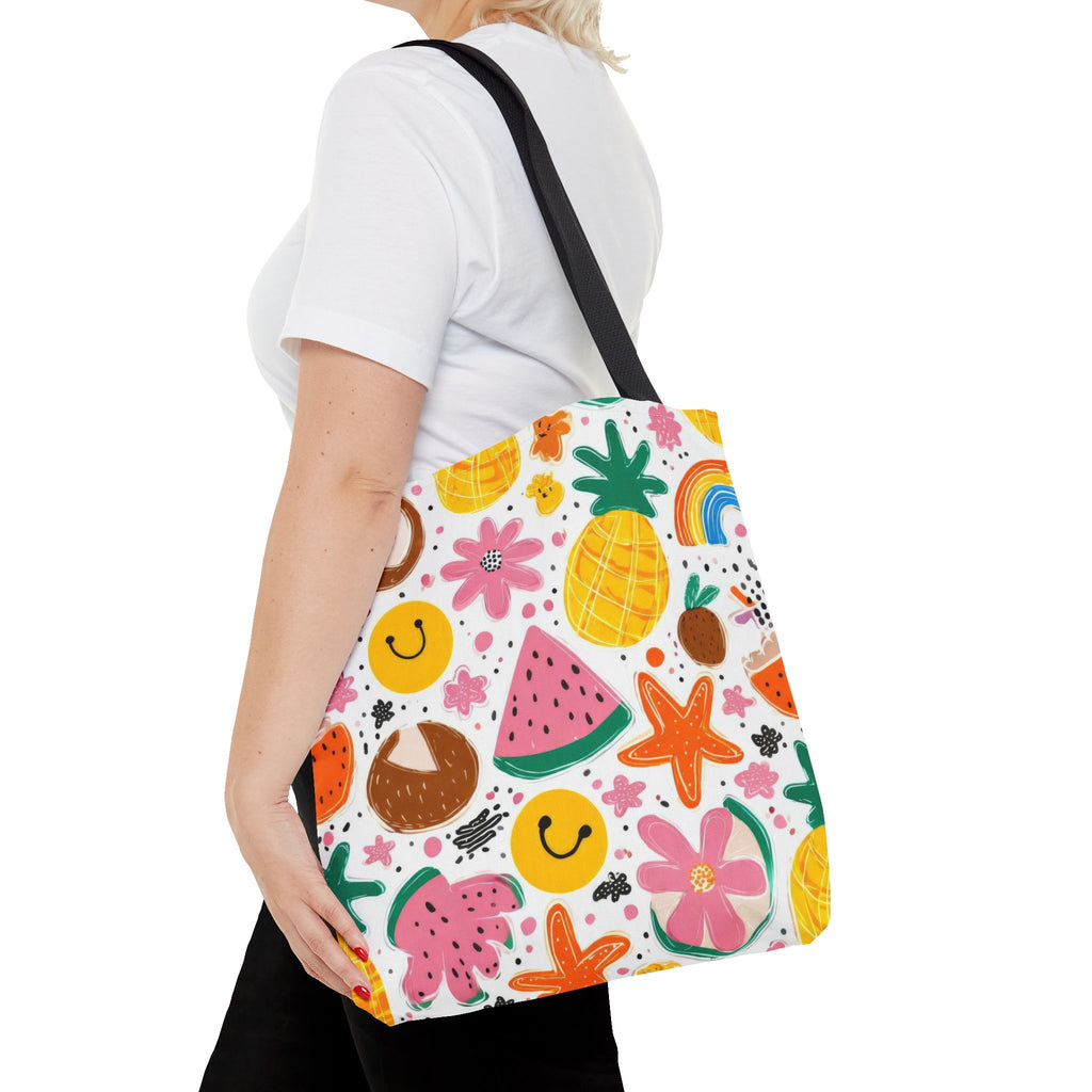 Tropical Fruit Pattern Tote Bag | Pineapple Watermelon Coconut Smiley