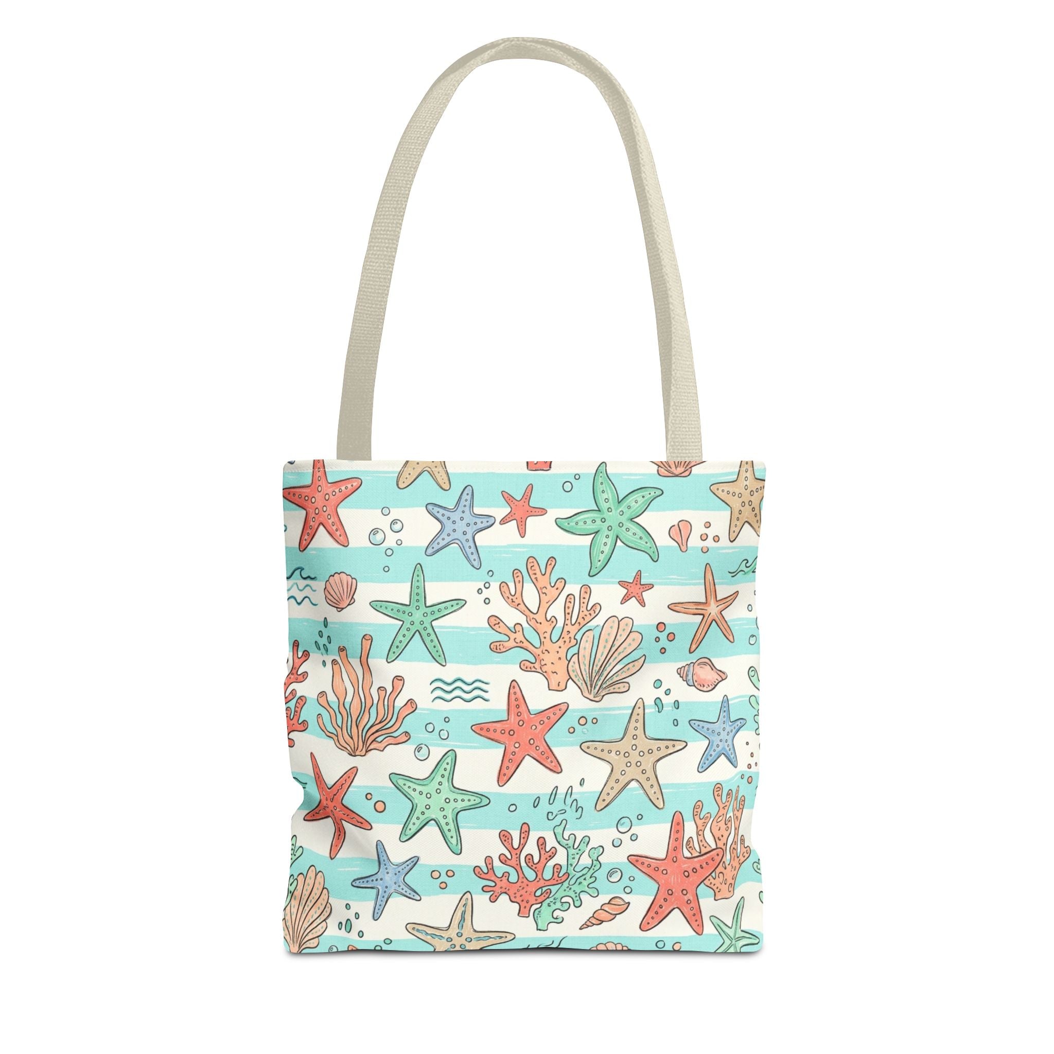 Starfish Coral Pattern Tote Bag | Beach Sea Life Striped Nautical Design