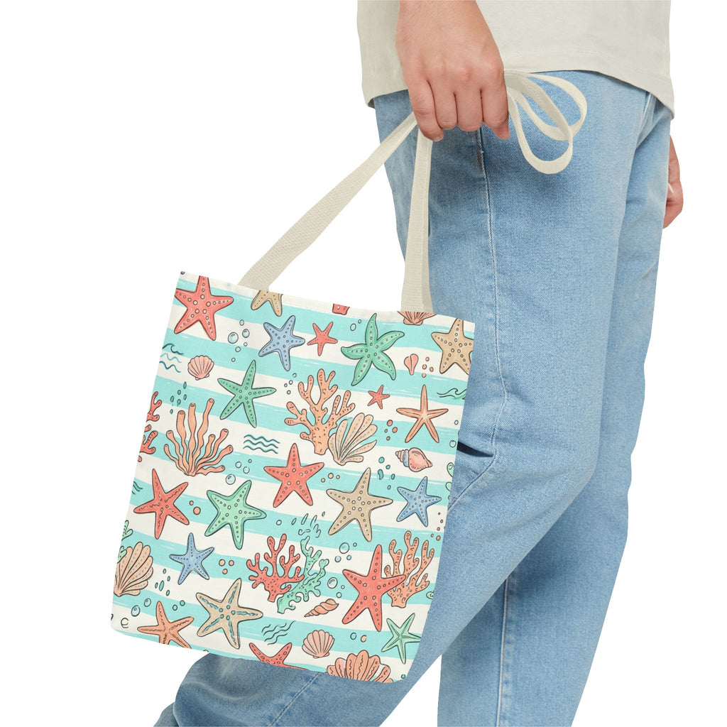 Starfish Coral Pattern Tote Bag | Beach Sea Life Striped Nautical Design