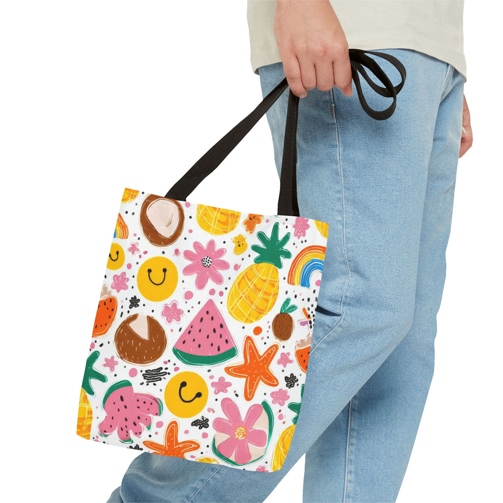 Tropical Fruit Pattern Tote Bag | Pineapple Watermelon Coconut Smiley