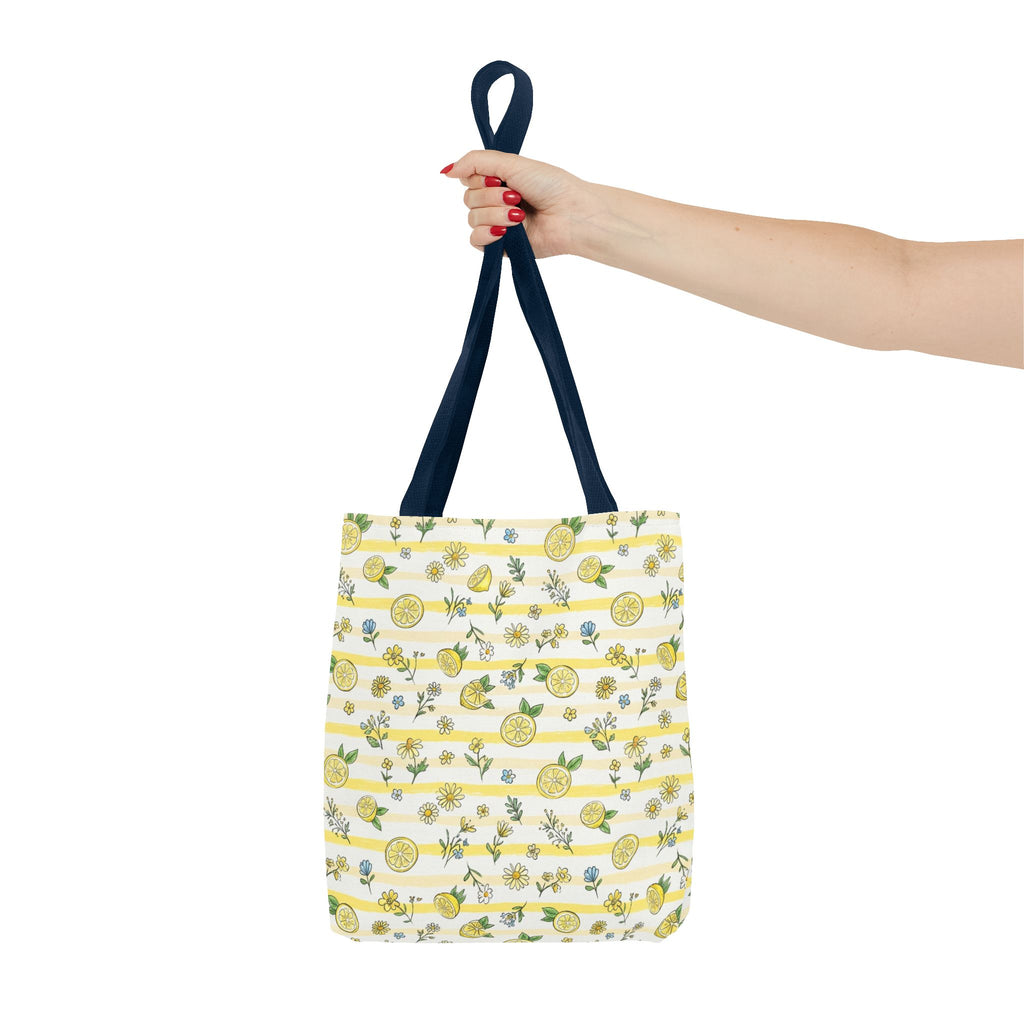 Lemon Stripe Pattern Tote Bag | Citrus Floral All-Over Print
