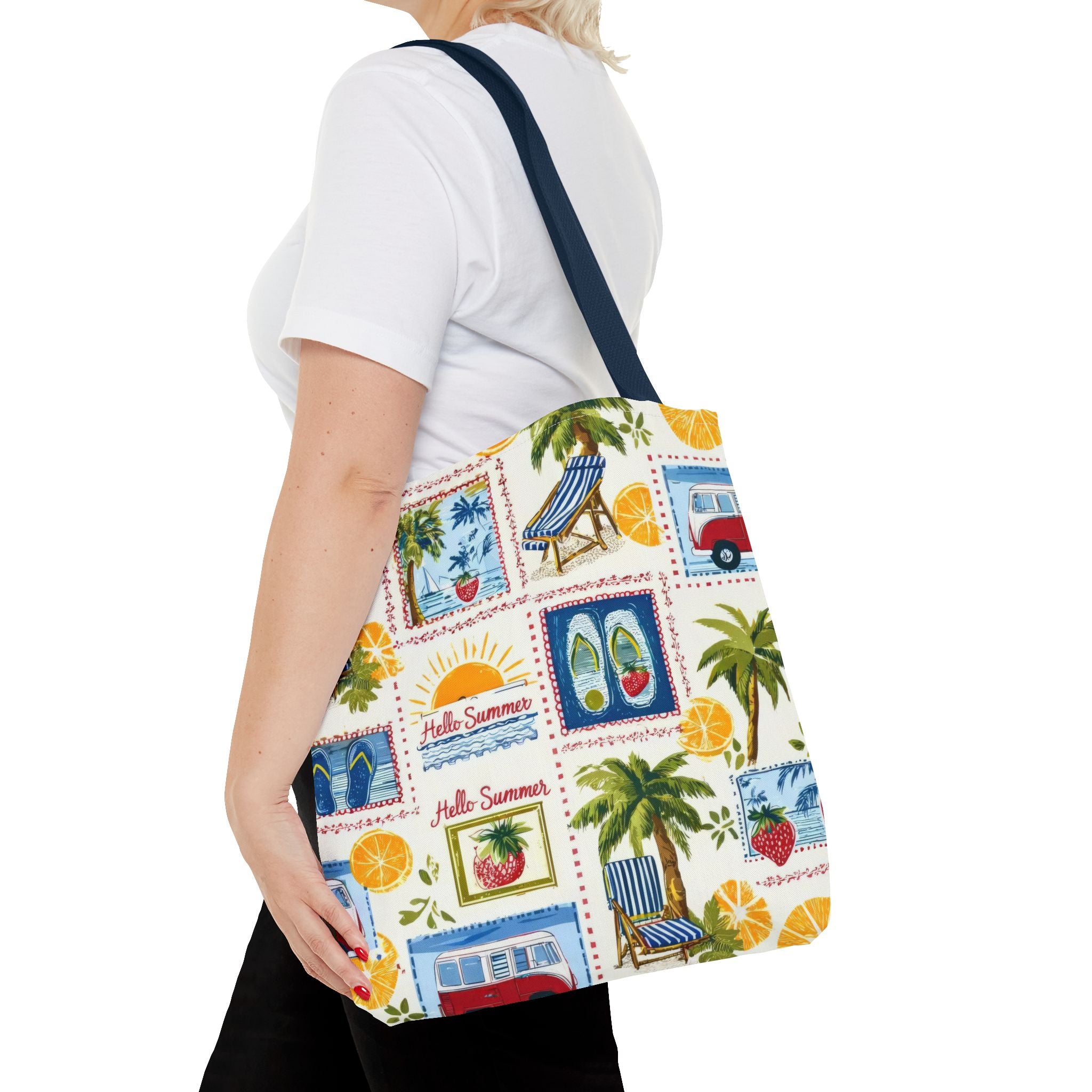 Hello Summer collage Tote Bag | beach palm trees flip flops camper van