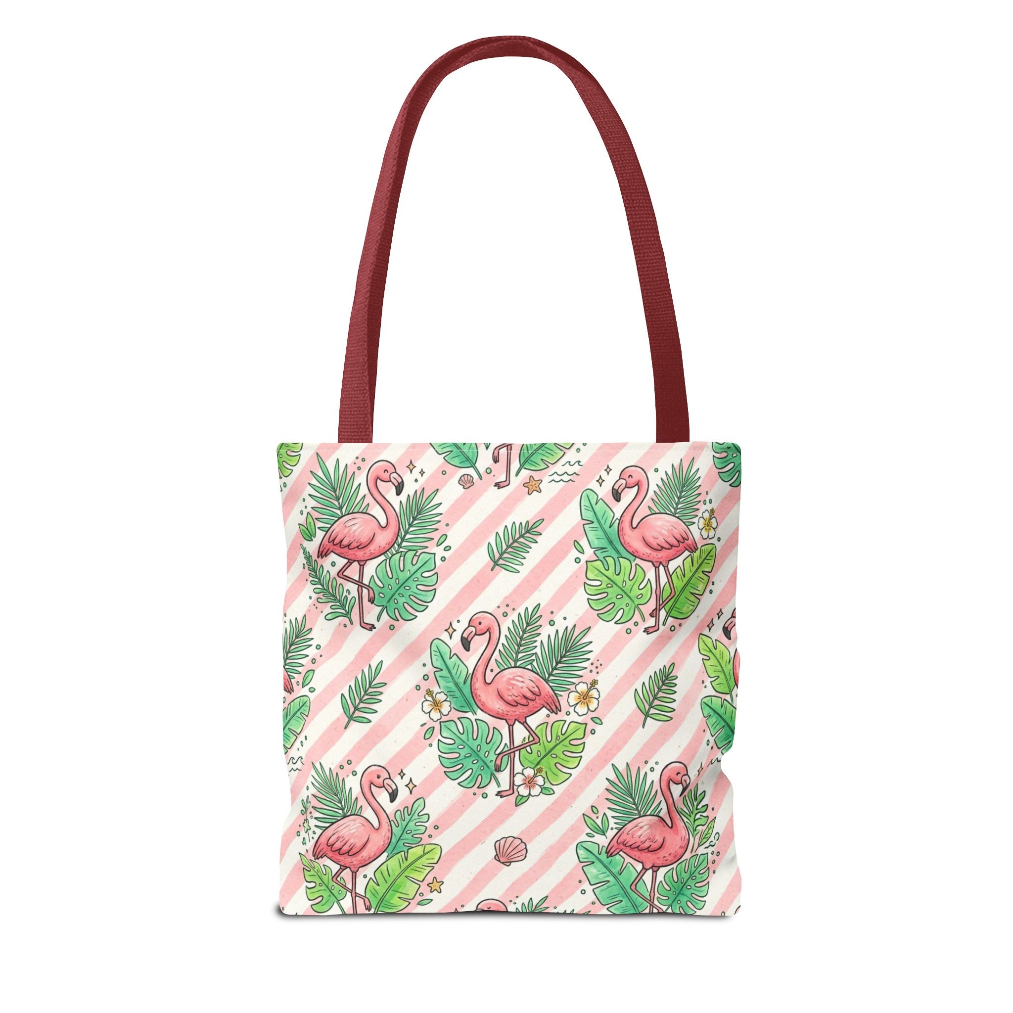 Pink Flamingo Pattern Tote Bag | Tropical Leaves Striped All-Over Print