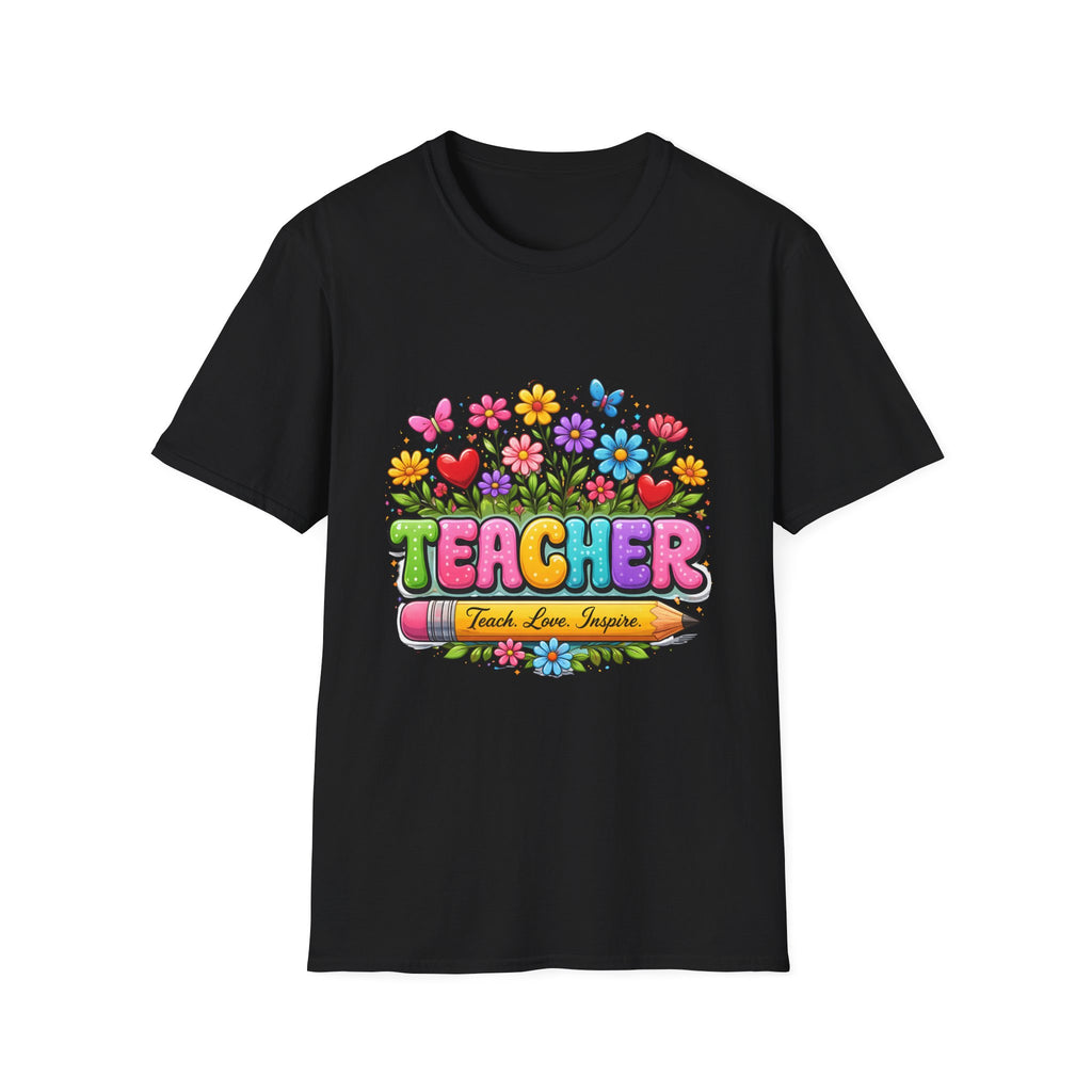 Teacher floral pencil design T-Shirt | Teach Love Inspire, colorful school shirt