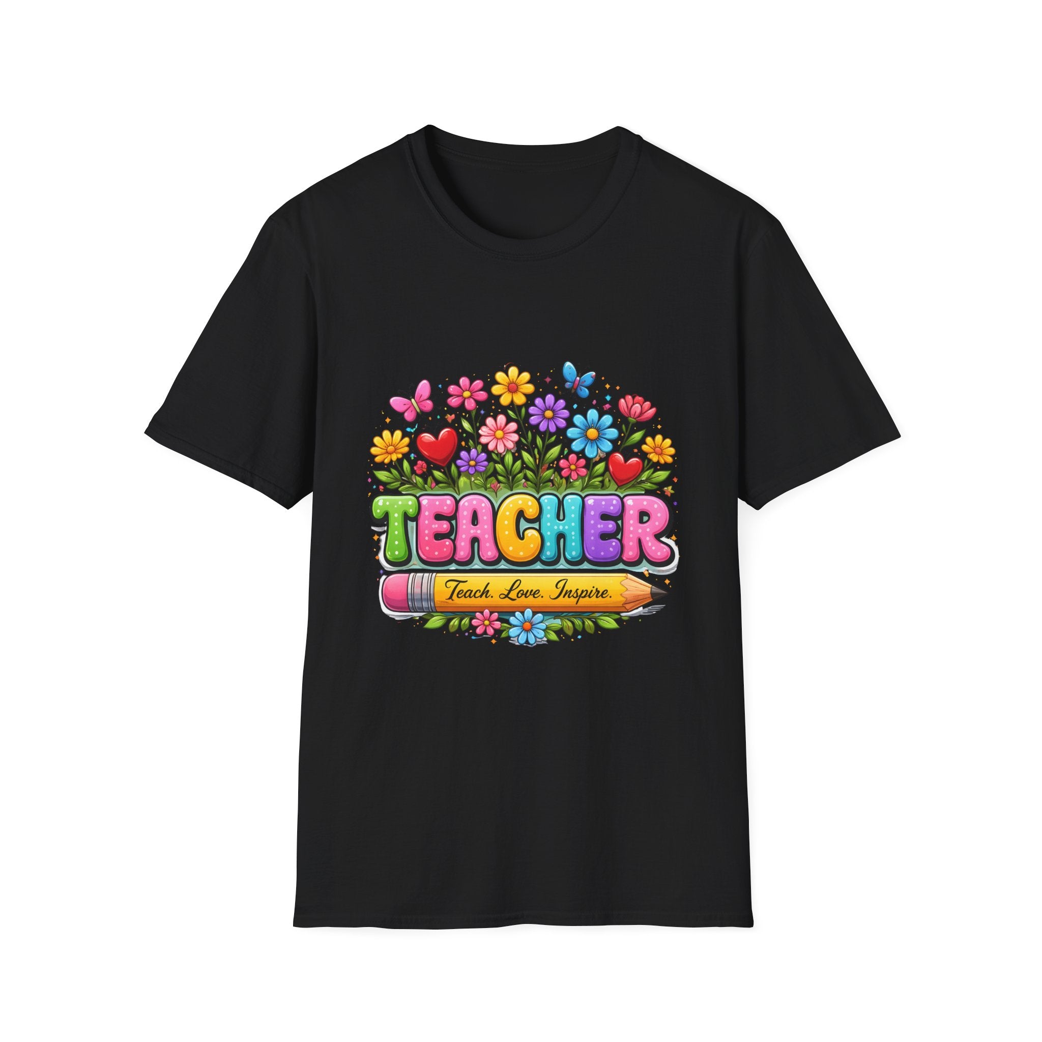 Teacher floral pencil design T-Shirt | Teach Love Inspire, colorful school shirt