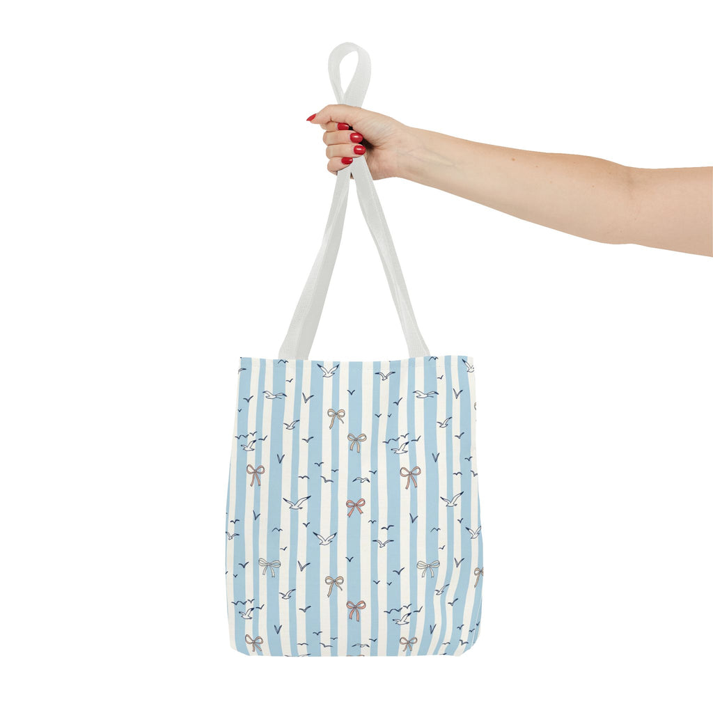 Blue Striped Bows and Birds Tote Bag
