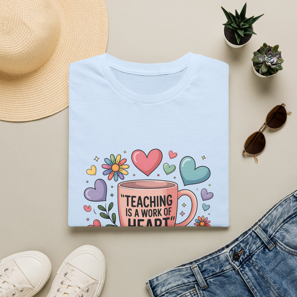Teaching Is a Work of Heart T-Shirt | Teacher Mug and Books Design