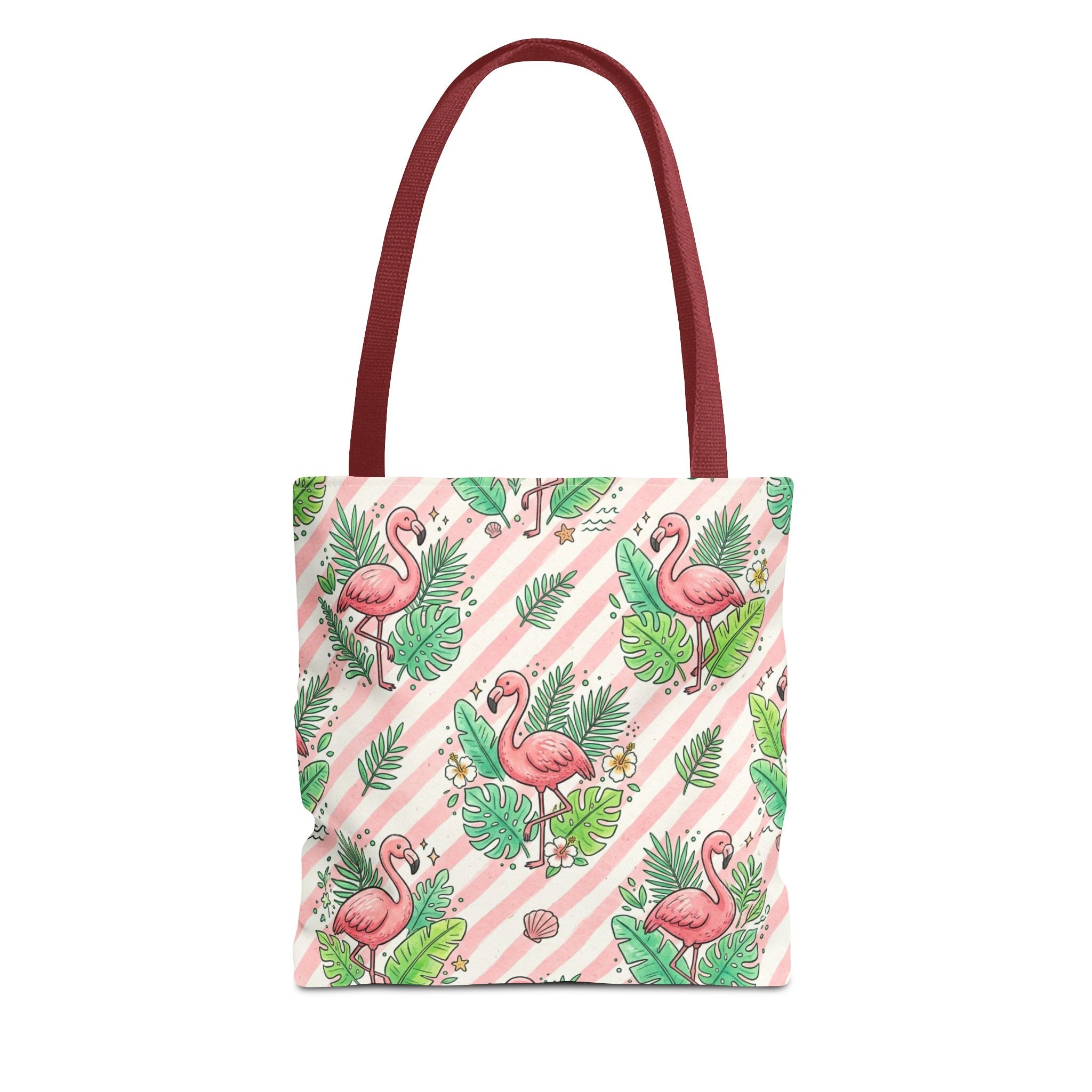 Pink Flamingo Pattern Tote Bag | Tropical Leaves Striped All-Over Print