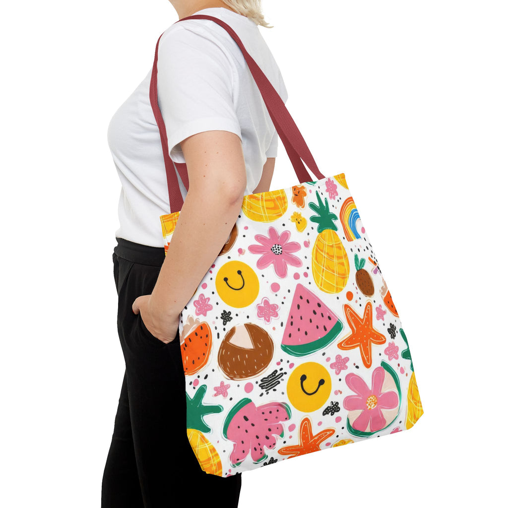 Tropical Fruit Pattern Tote Bag | Pineapple Watermelon Coconut Smiley