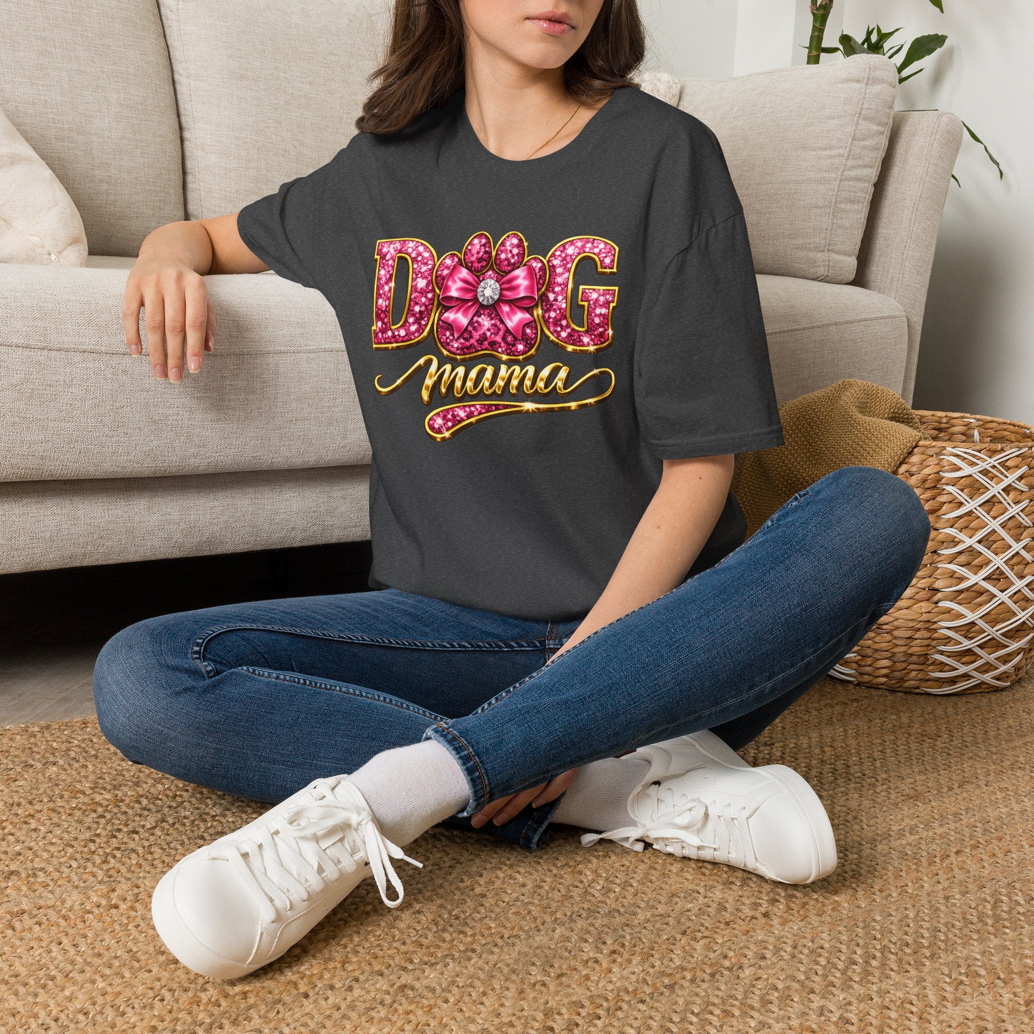 Dog Mama paw print design T-Shirt | pink glitter letters