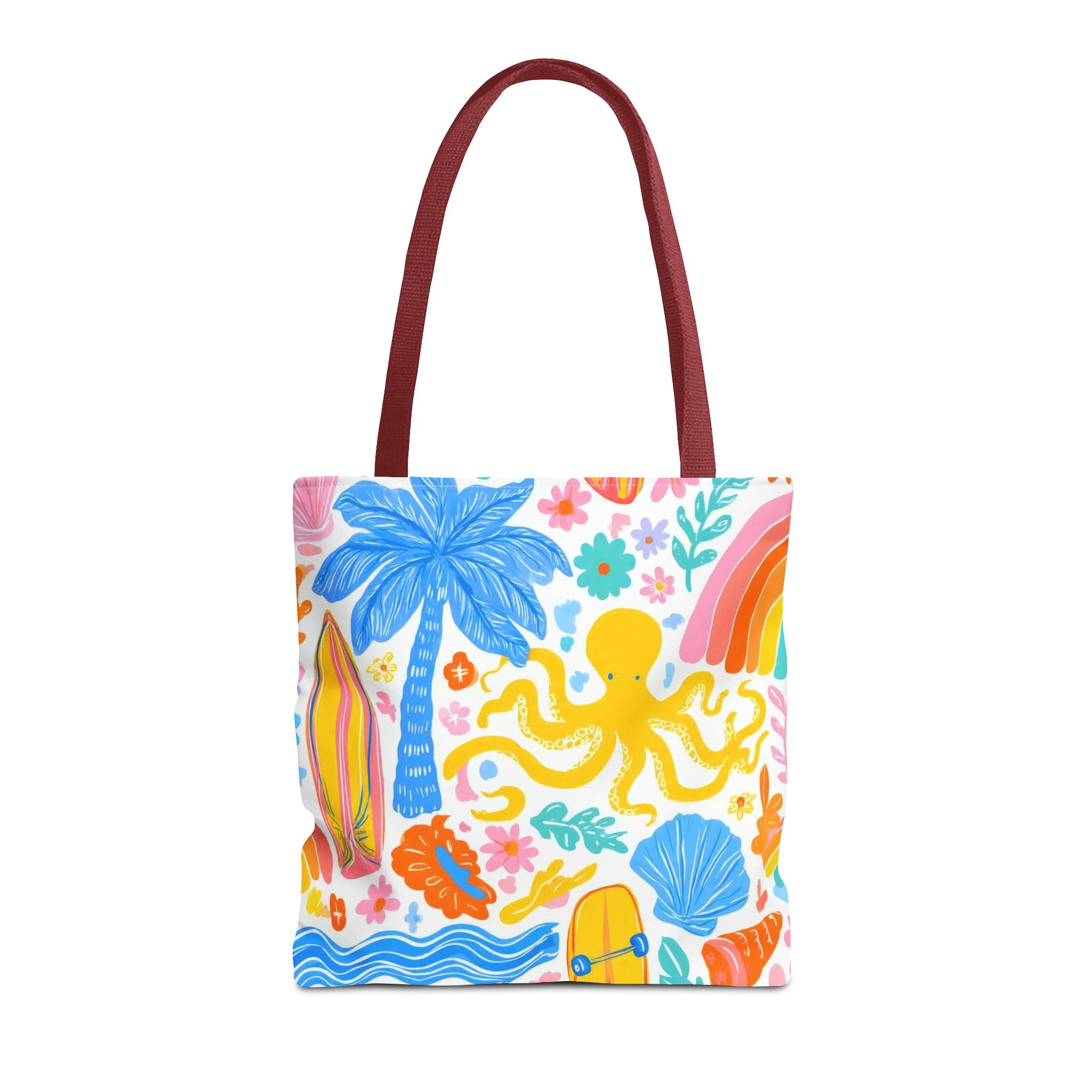 Colorful Beach Octopus Tote Bag | Tropical Palm, Surfboard, Rainbow Print