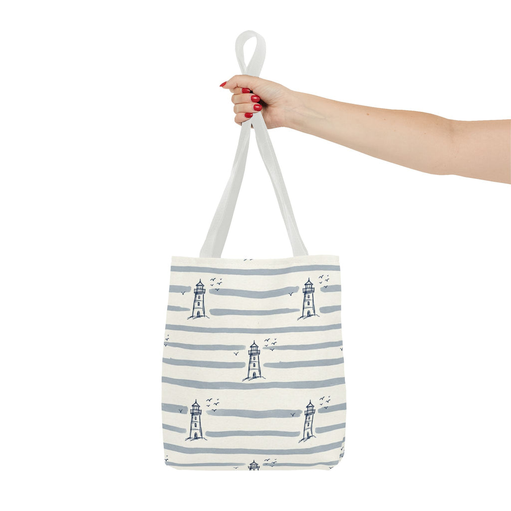 Nautical Lighthouse Pattern Tote Bag | Striped Coastal Beach Tote