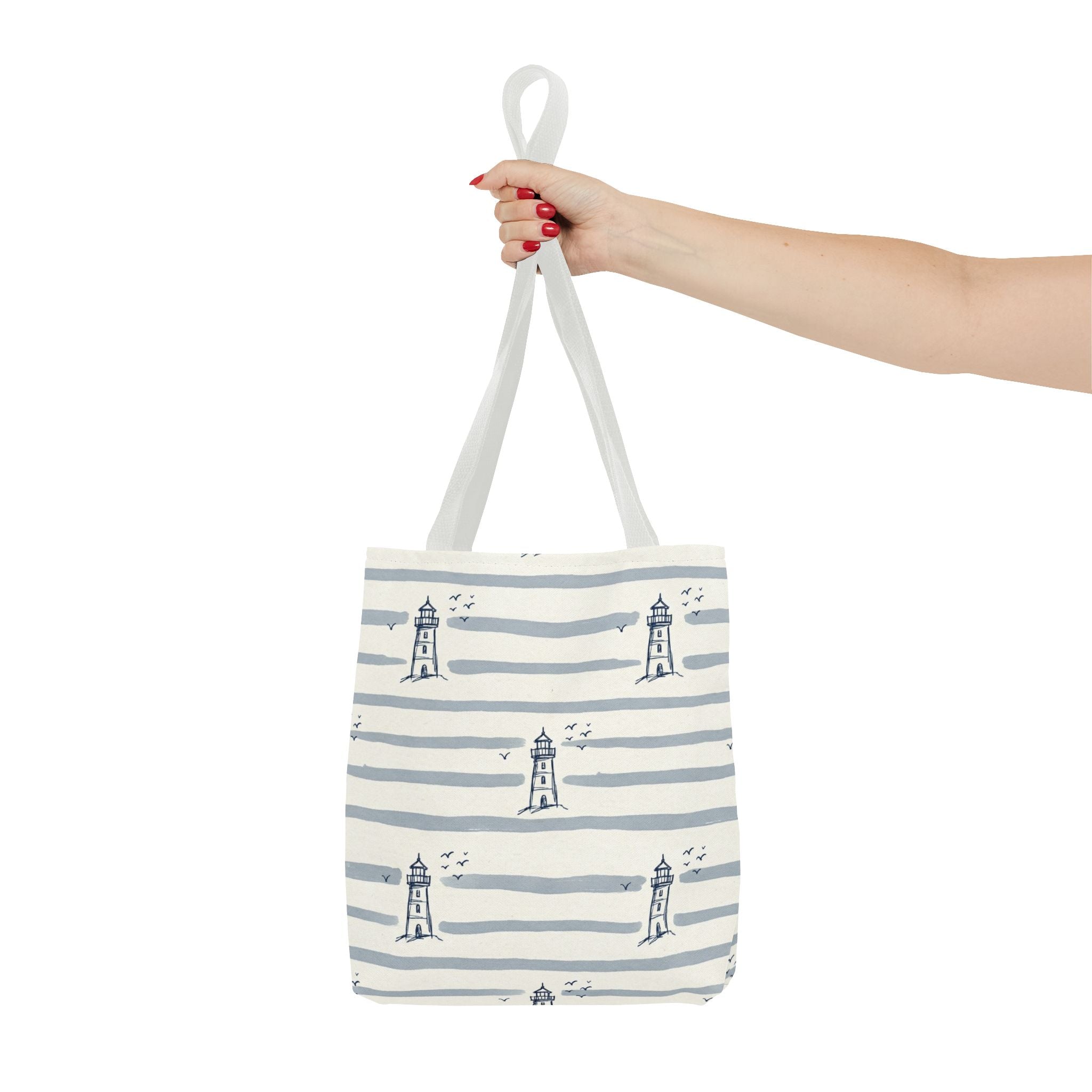 Nautical Lighthouse Pattern Tote Bag | Striped Coastal Beach Tote