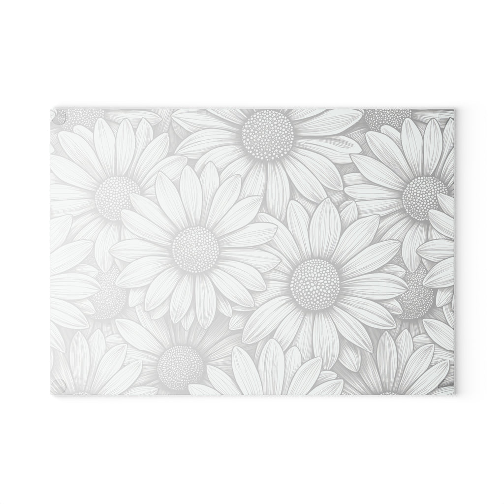 Daisy Floral Pattern Glass Cutting Board | Black White Sunflowers