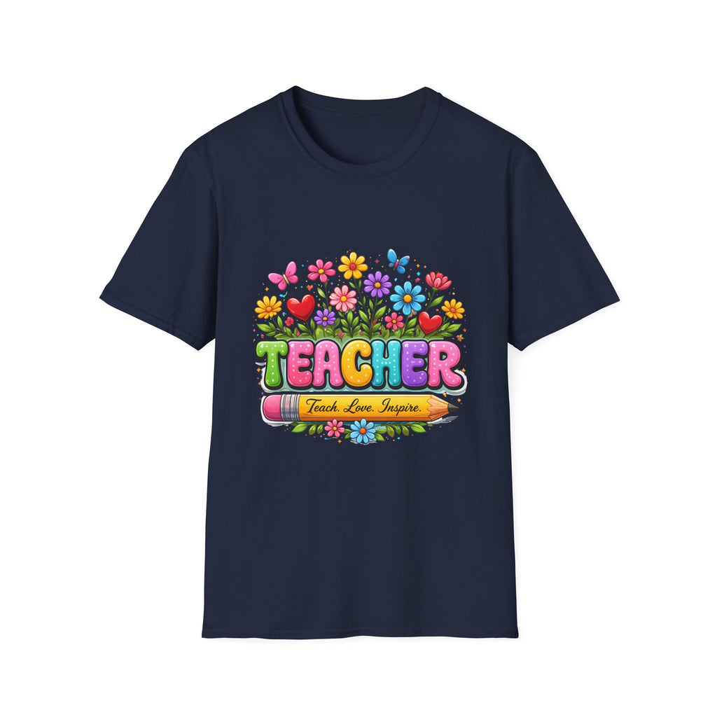 Teacher floral pencil design T-Shirt | Teach Love Inspire, colorful school shirt