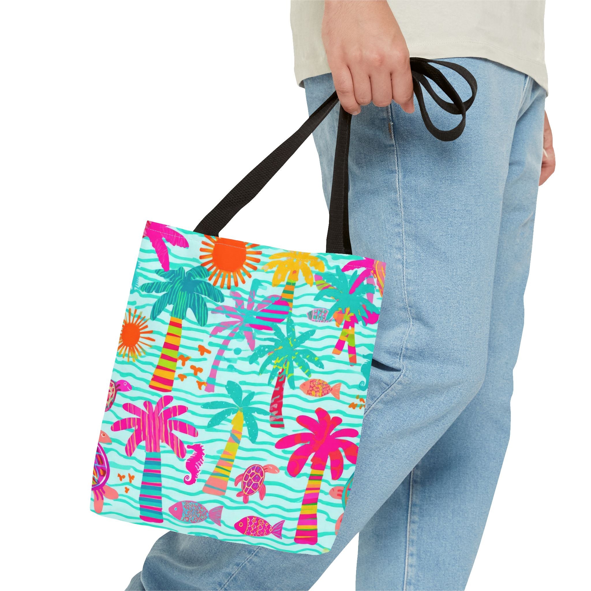 Tropical Palm Pattern Tote Bag | Colorful Beach Palms Stripe All-Over Print