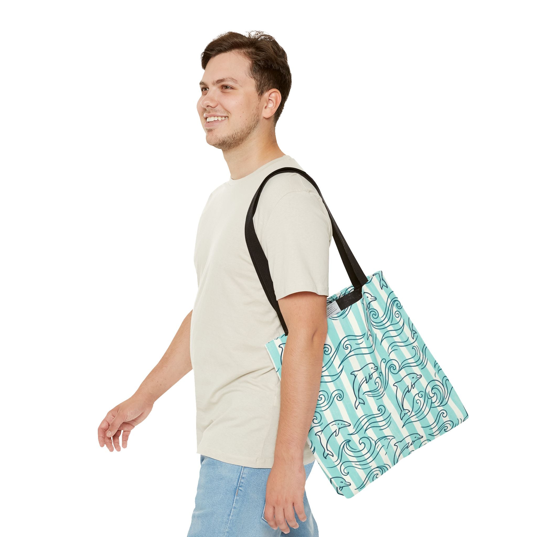 Dolphin Wave Pattern Tote Bag | Aqua Striped Ocean Design